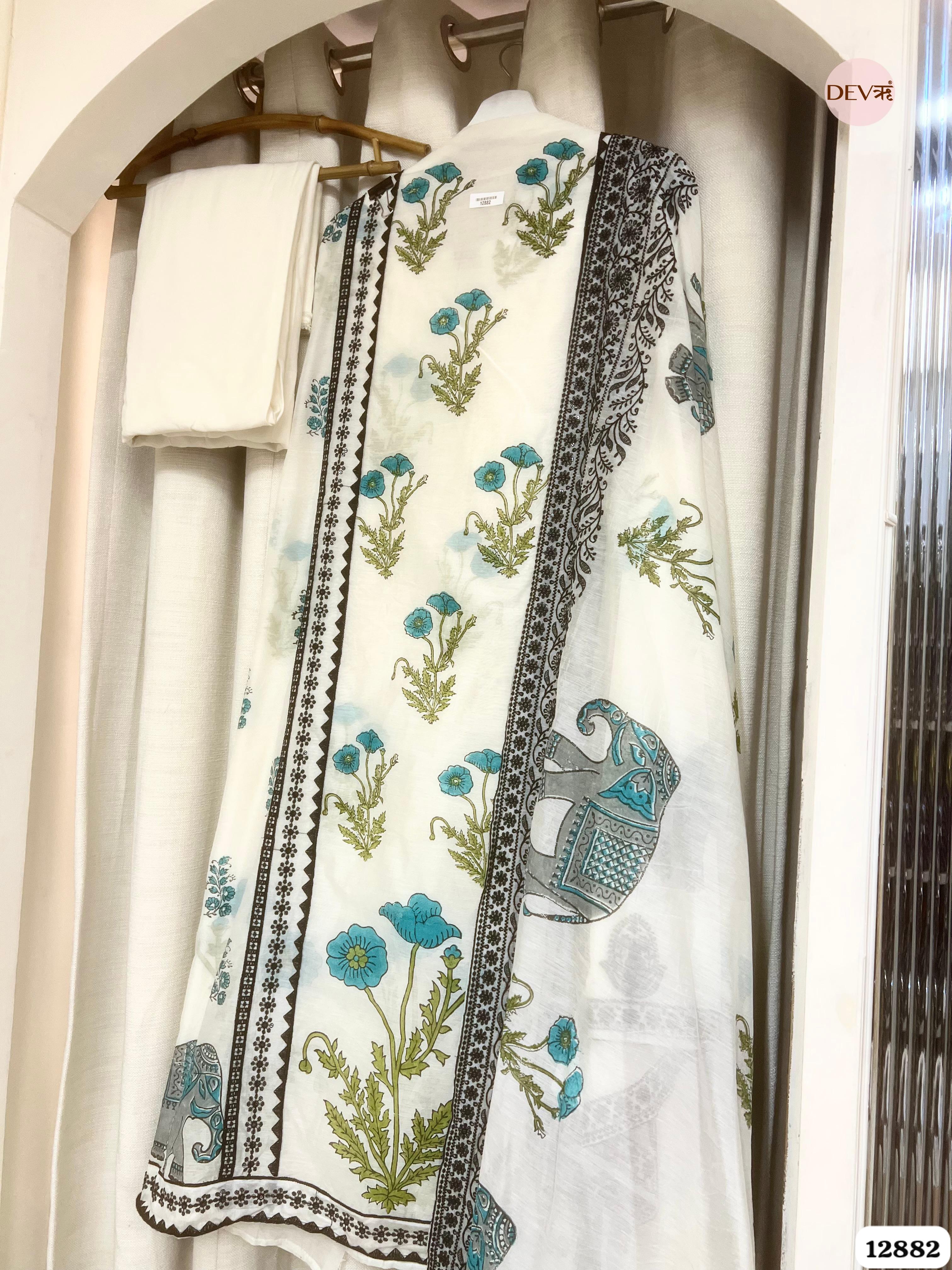 White Mul Chanderi Printed Unstitched 3-Piece Suit (Devri – D.No 12882)