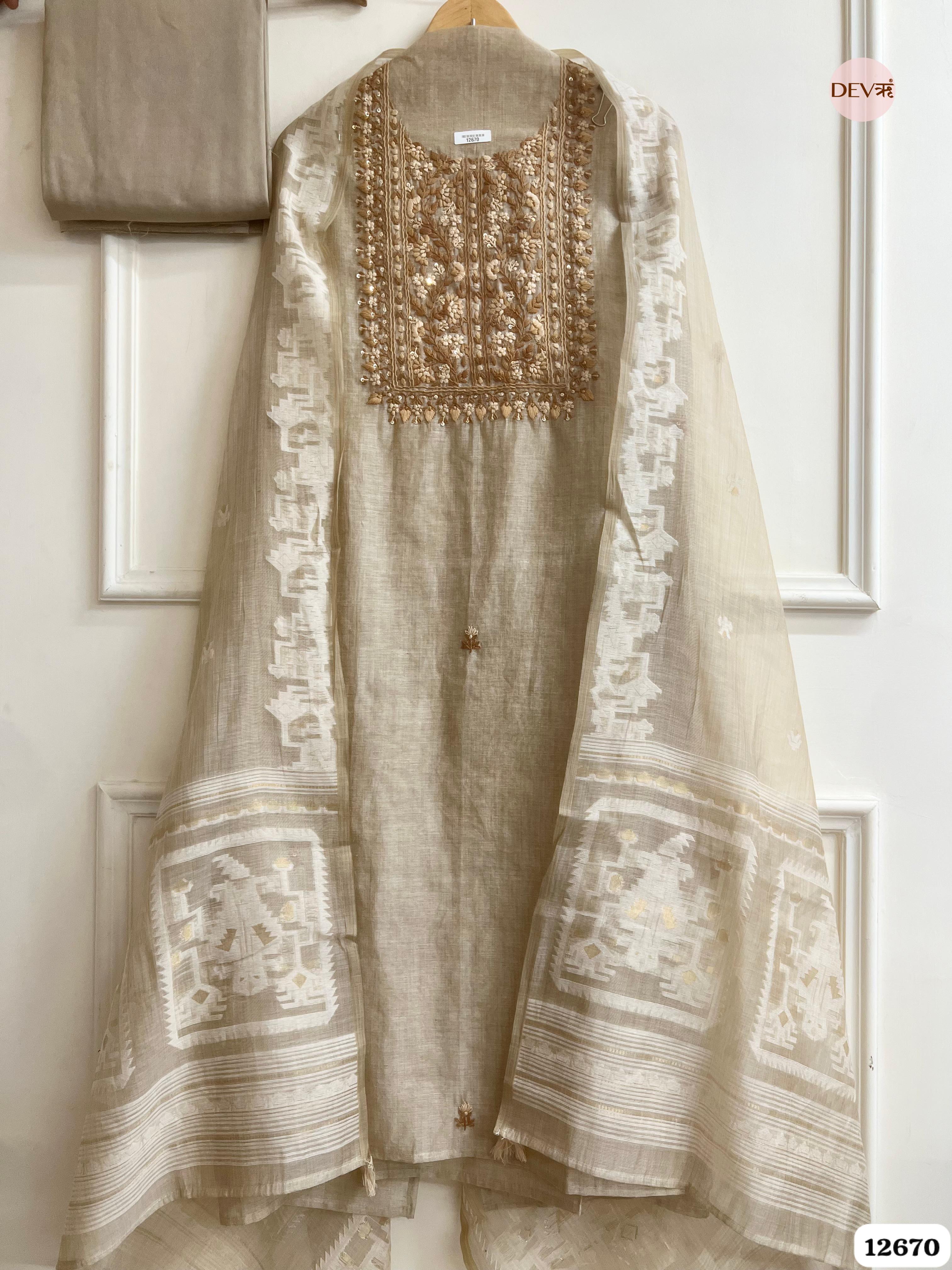 Beige Mul Chanderi Embroidered Unstitched 3-Piece Suit (Devri – D.No 12670)