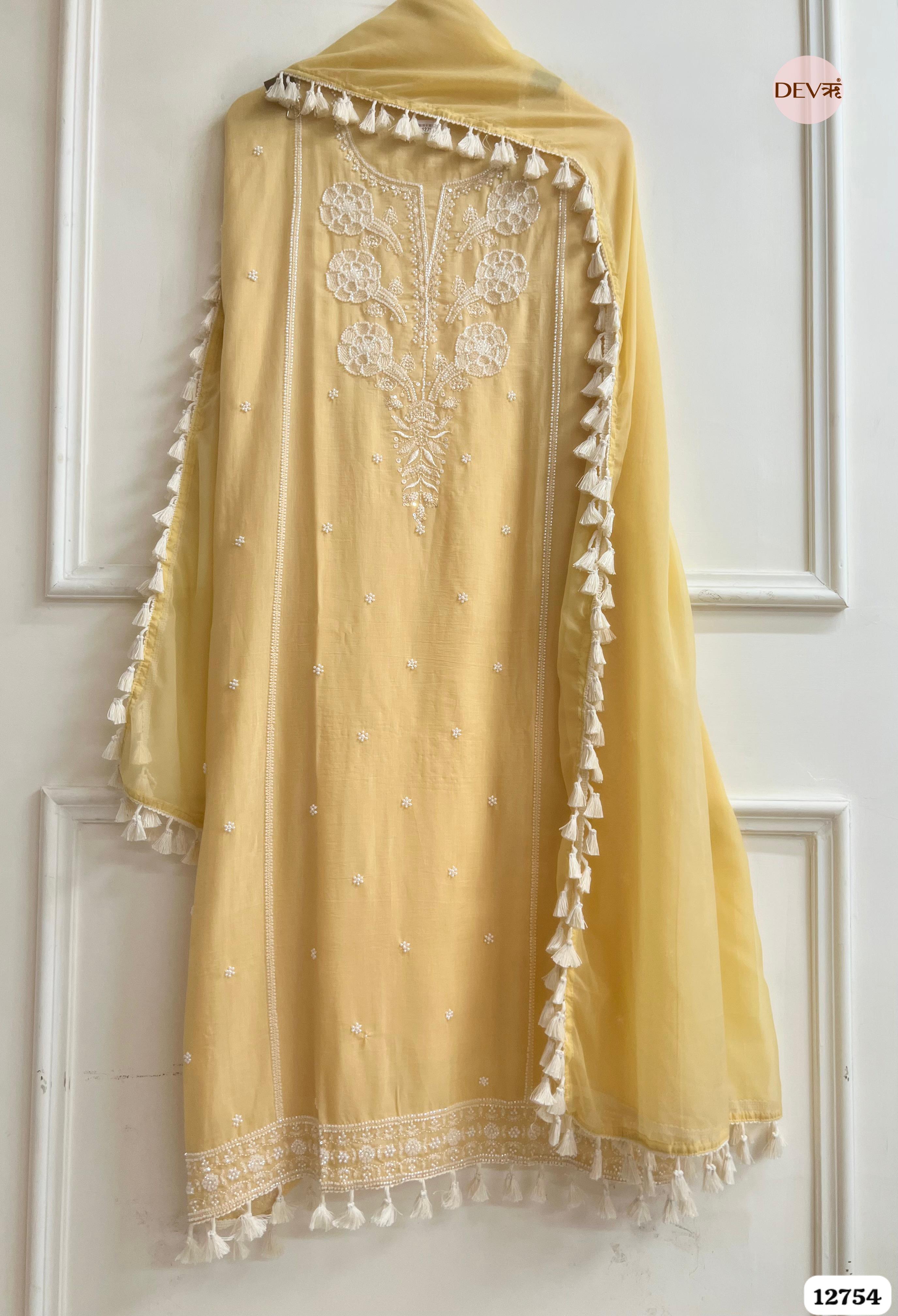 Yellow Mul Cotton Embroidered Unstitched 3-Piece Suit (Devri – D.No 12754)