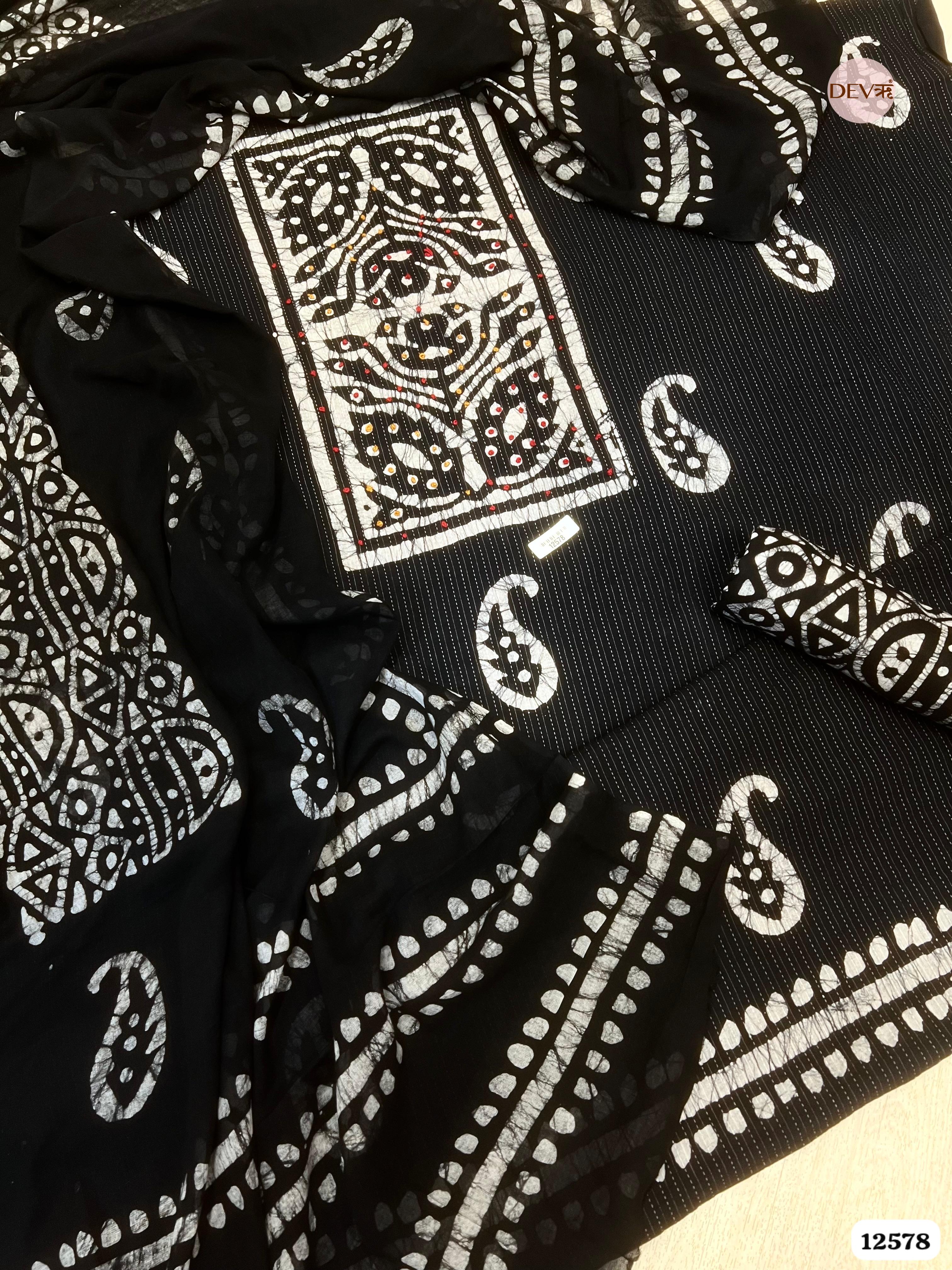 Black Cotton Batik Printed Unstitched 3-Piece Suit (Devri – D.No 12578)