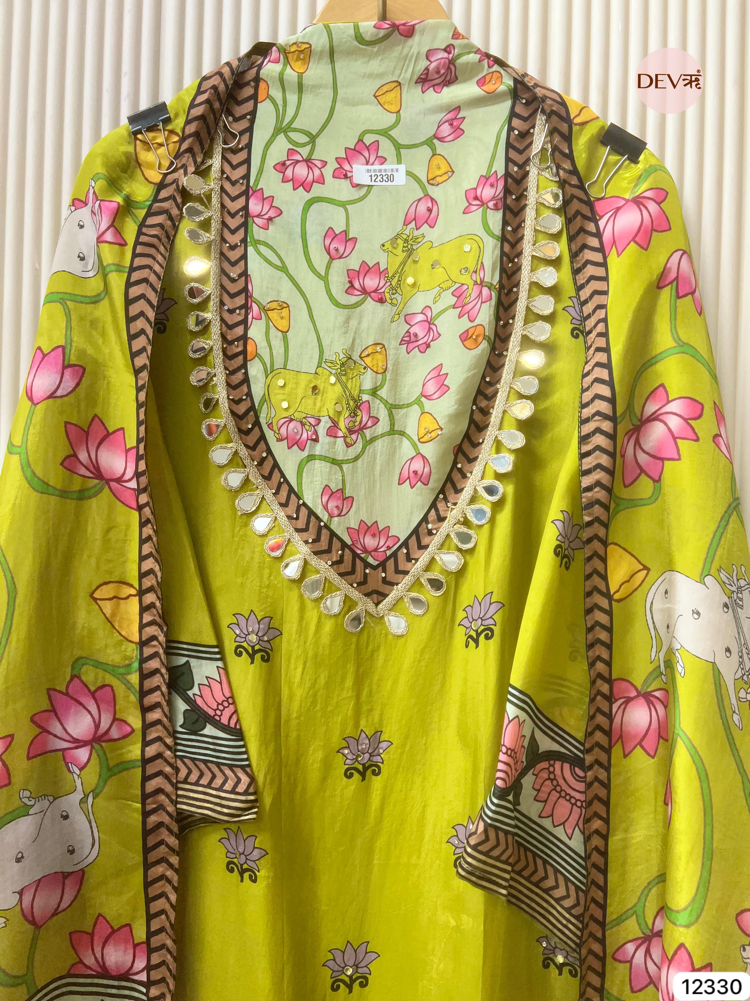 Lime Green Organza Silk Printed Unstitched 3-Piece Suit (Devri – D.No 12330)