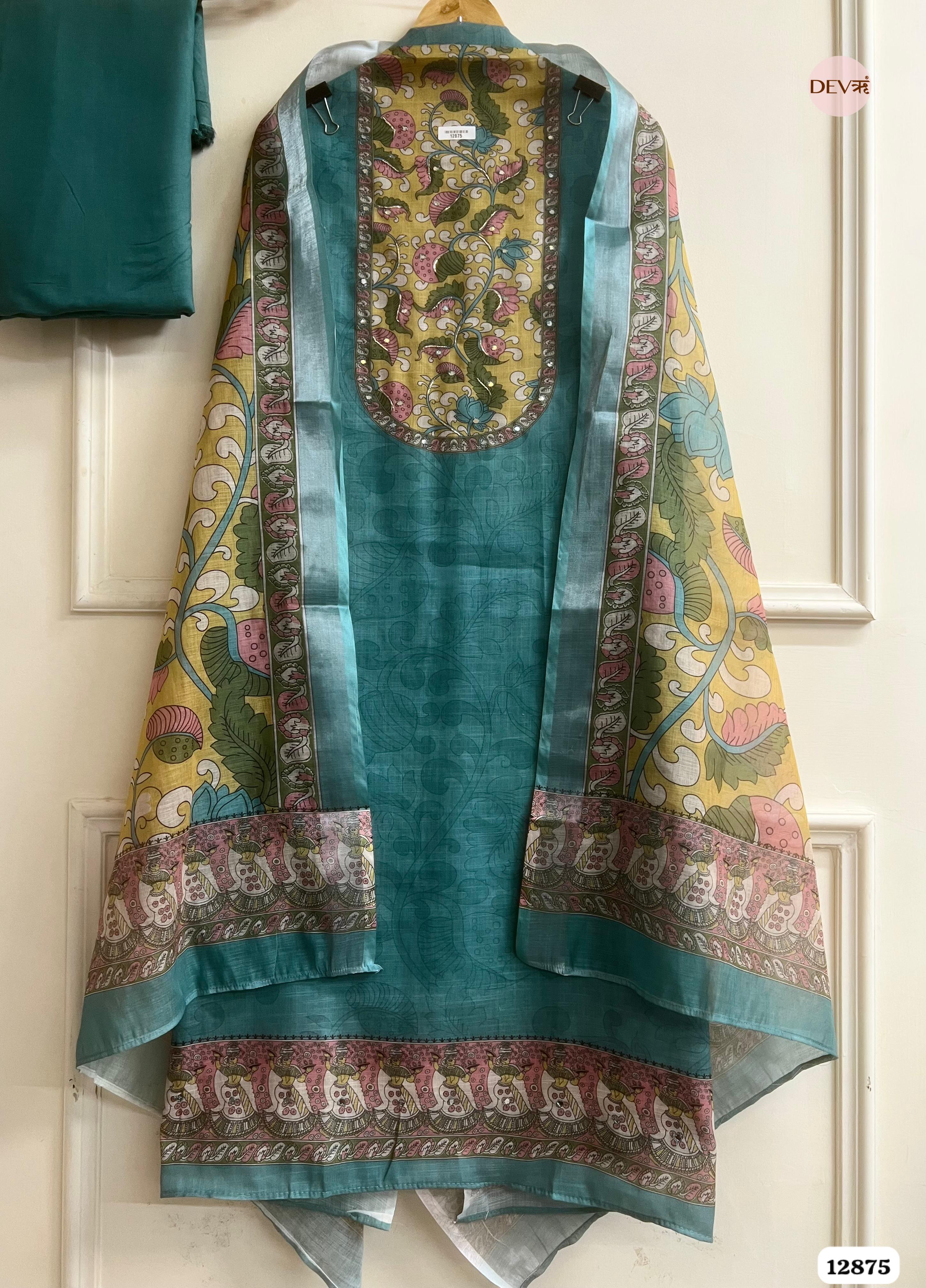 Teal Blue Linen Cotton Printed Unstitched 3-Piece Suit (Devri – D.No 12875)
