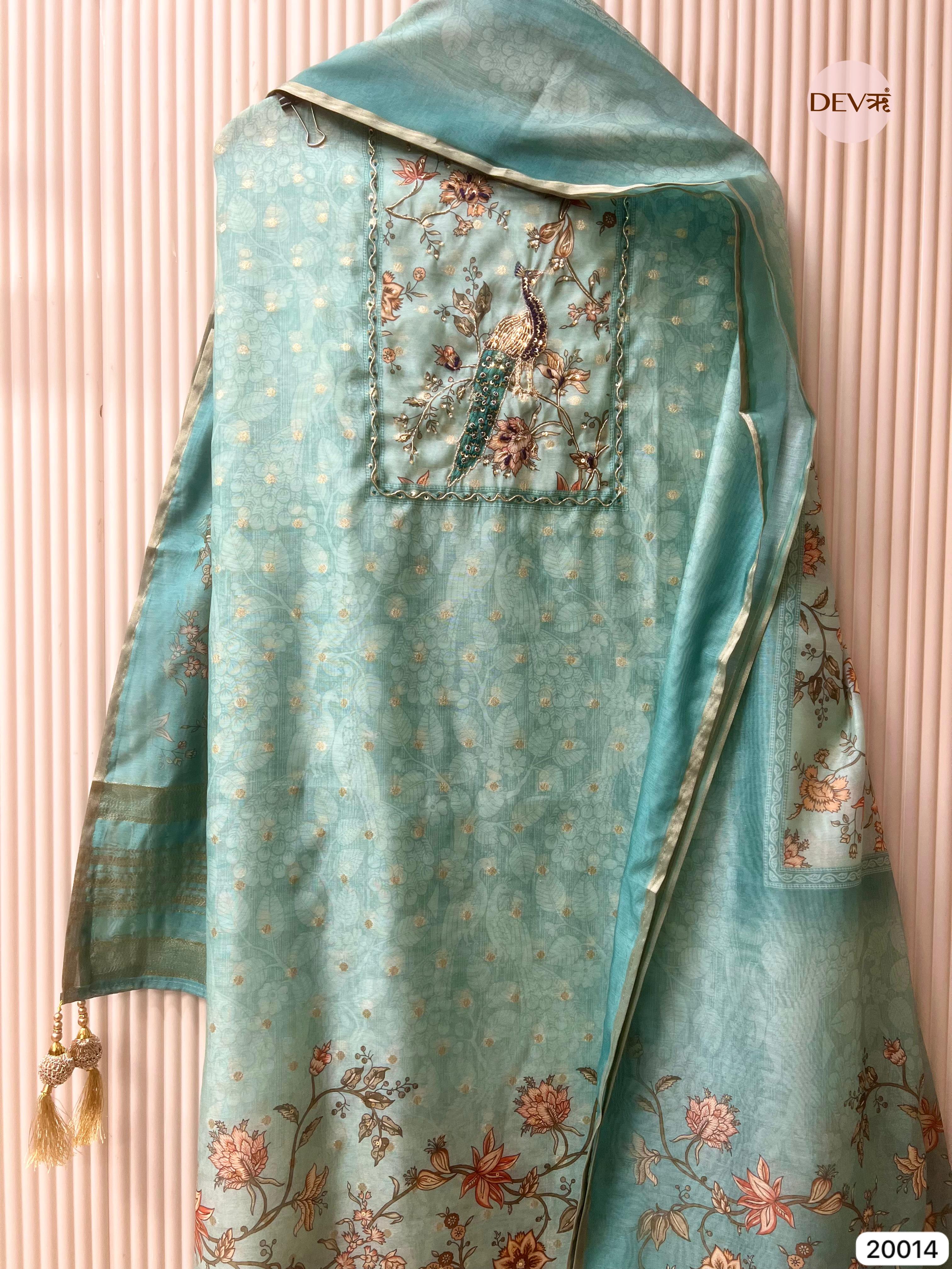 Sea Green Pure Chanderi Hand Embroidered Unstitched 3-Piece Suit (Devri – D.No 20014)