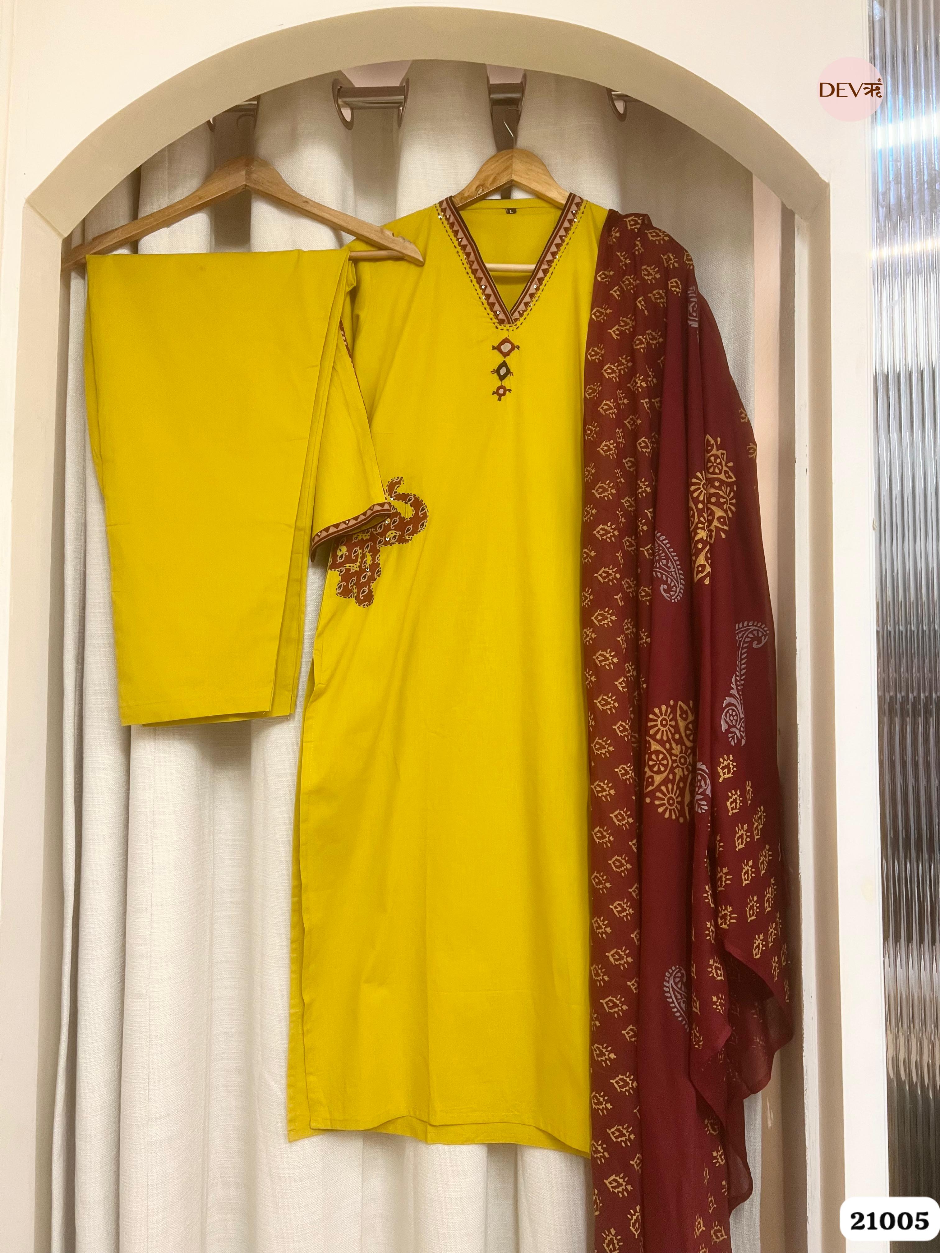 Jivika Cotton Printed Mustard 3-Piece Set (Devri – D.No 21005)