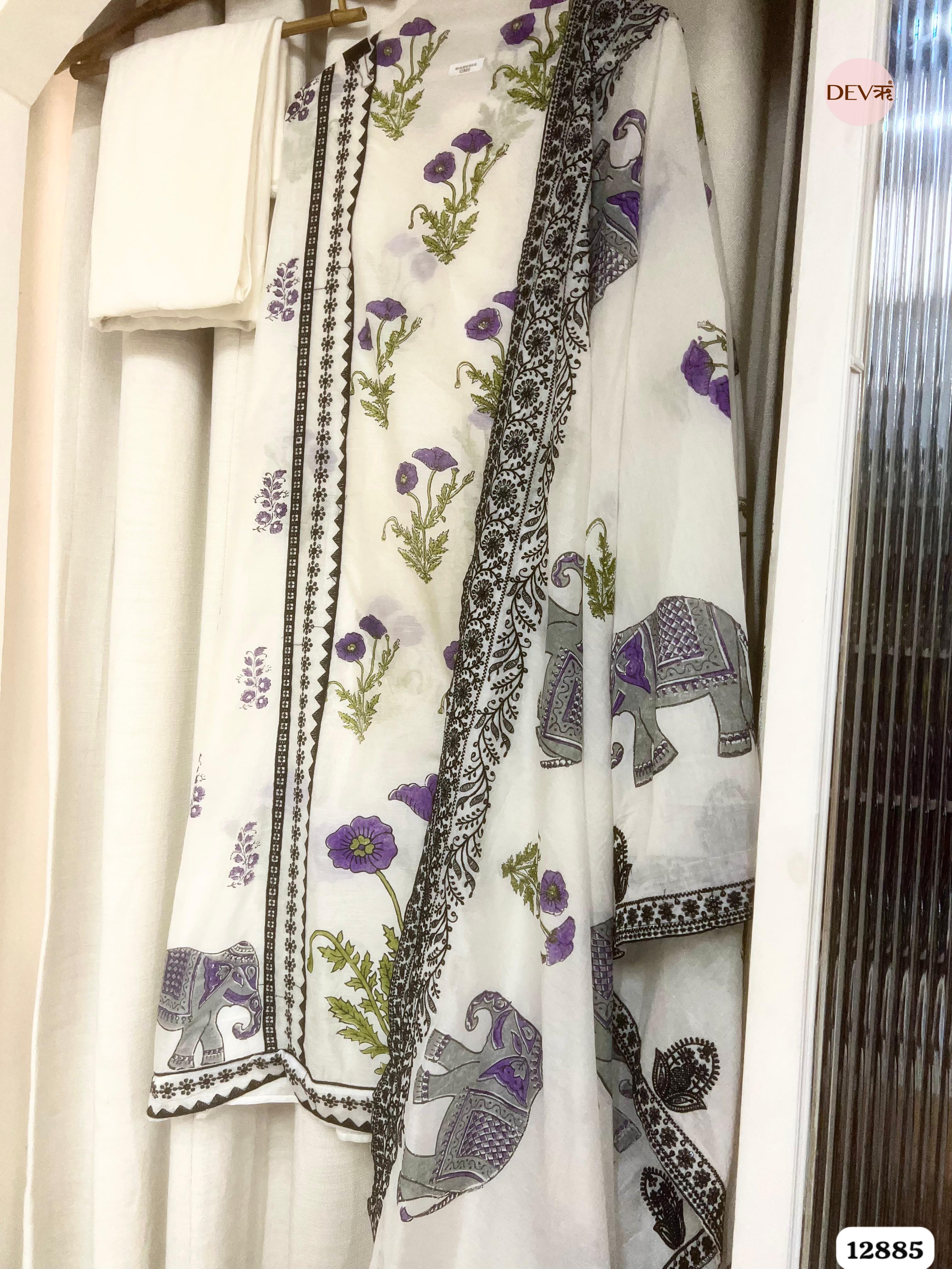 White Mul Chanderi Printed Unstitched 3-Piece Suit (Devri – D.No 12885)