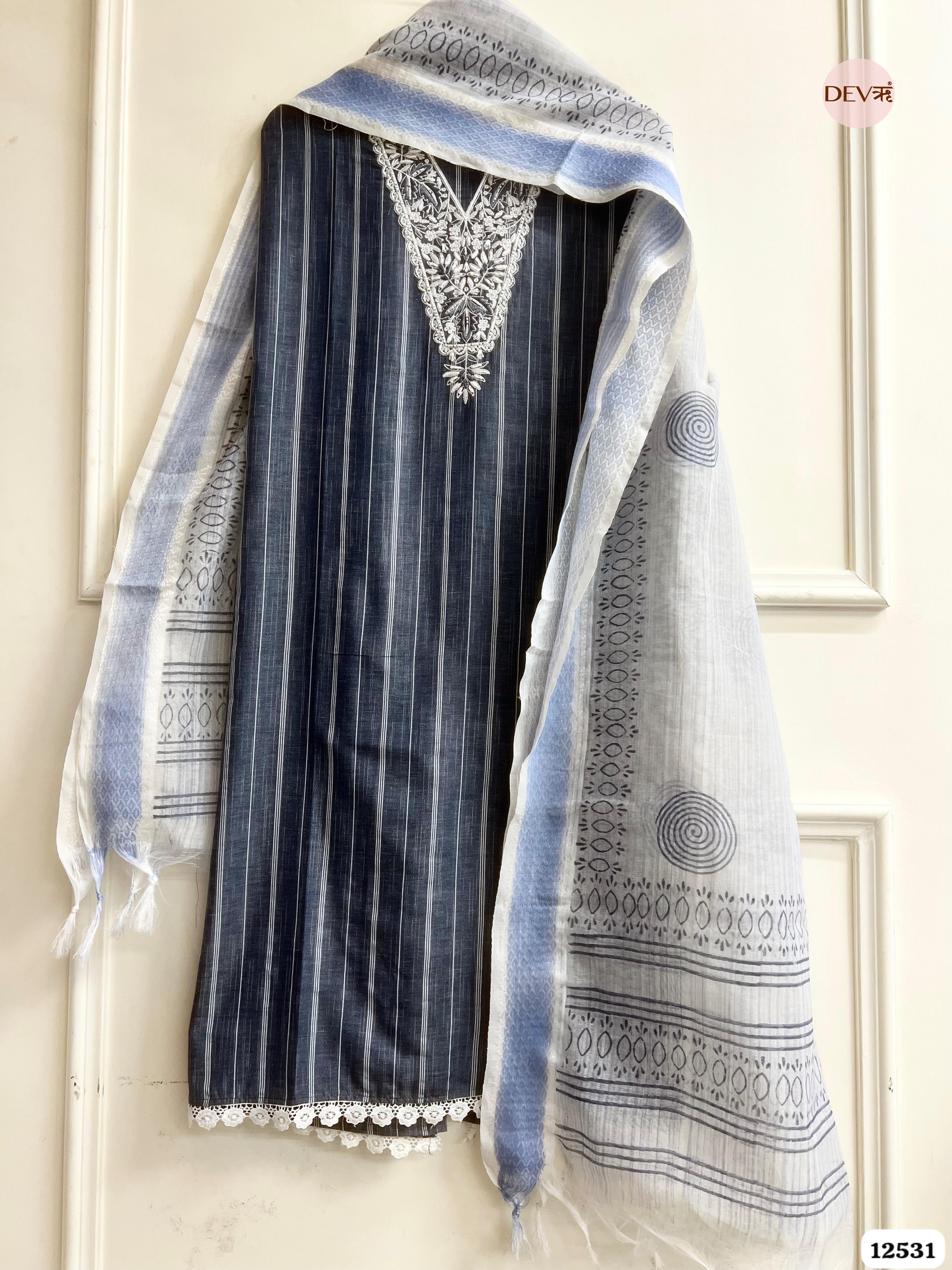 Navy Blue Handloom Cotton Embroidered Unstitched 3-Piece Suit (Devri – D.No 12531)