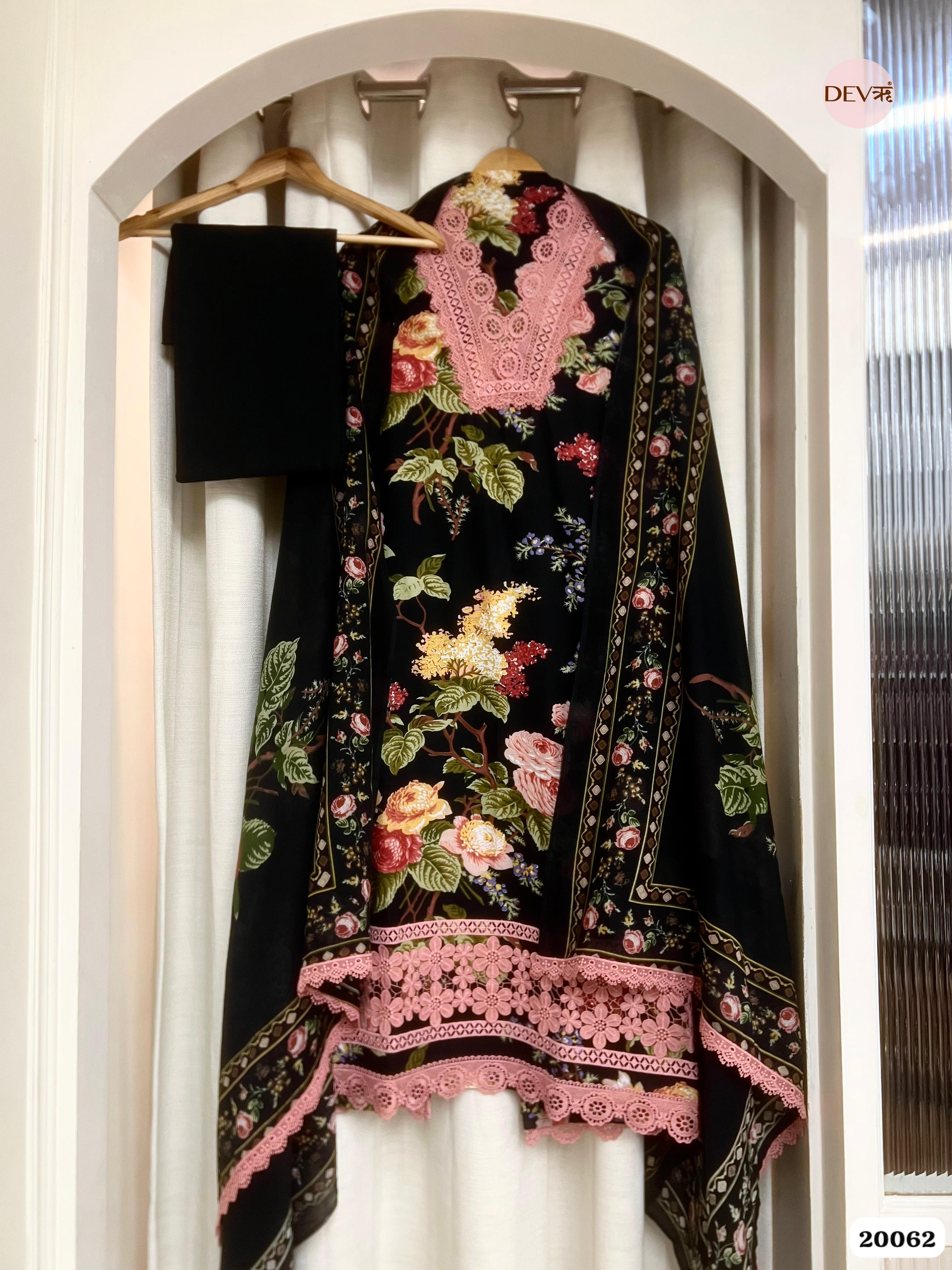 Black Cotton Printed Unstitched 3-Piece Suit (Devri – D.No. 20062)