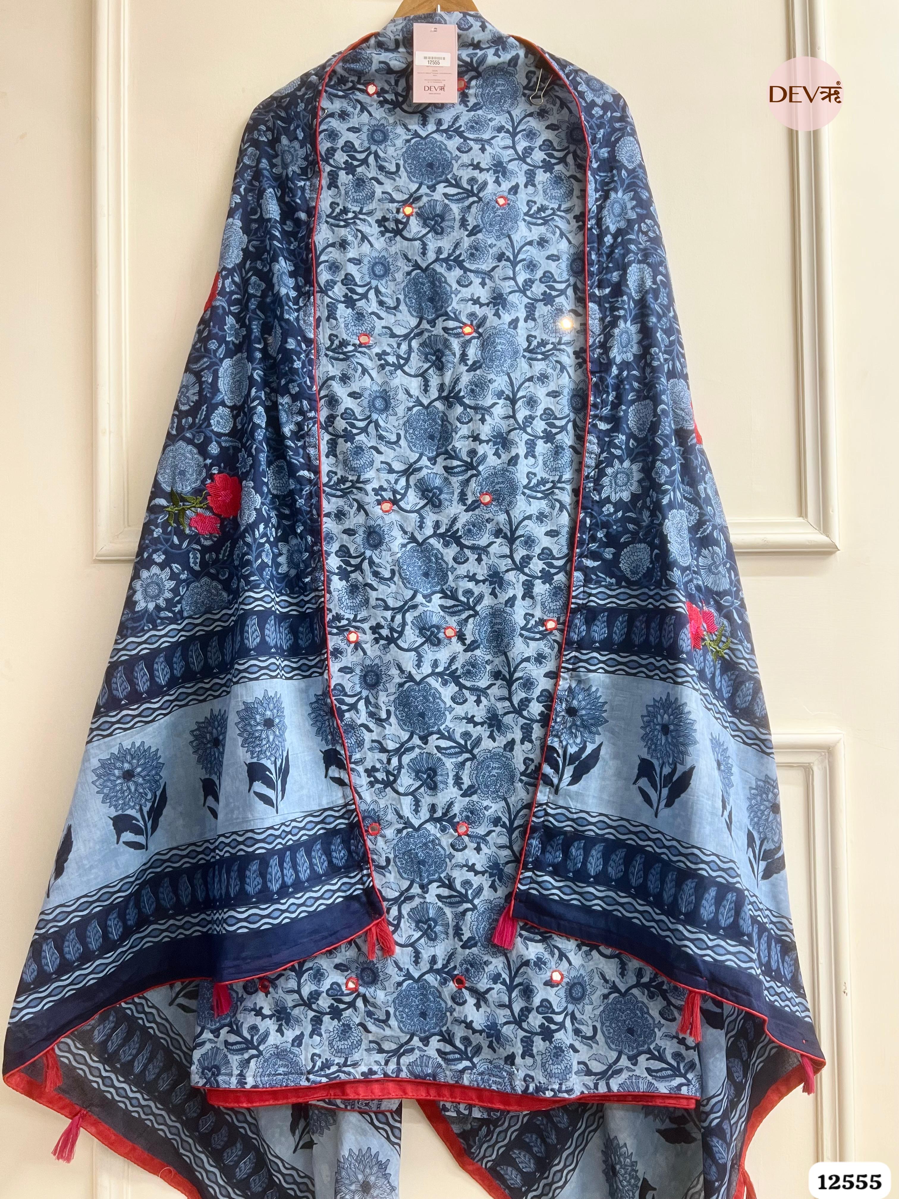 Blue Pure Cotton Printed Unstitched 3-Piece Suit (Devri – D.No 12555)