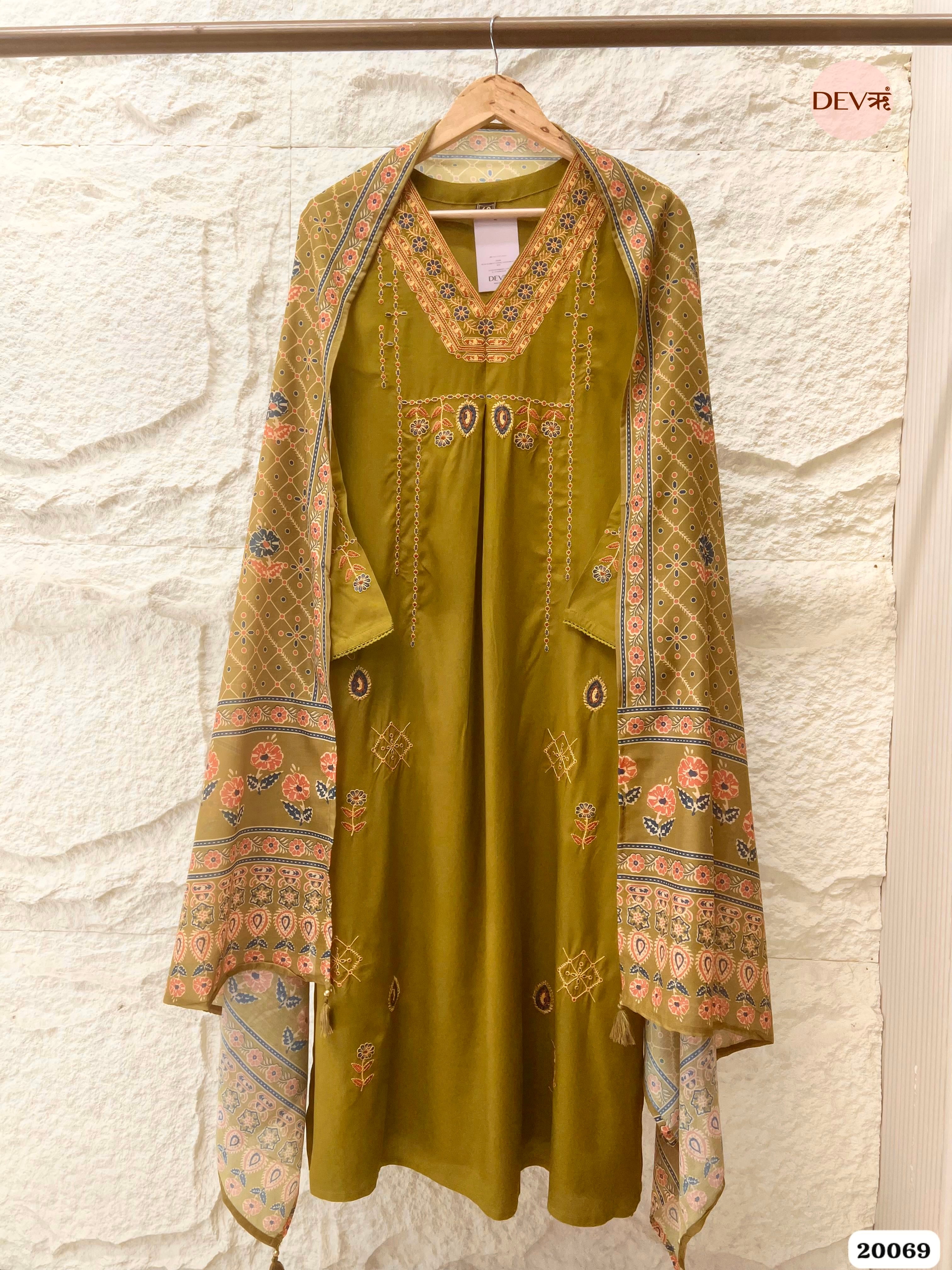 Zoya German Reyon Embroidered Olive Green 3-Piece Set (Devri – D.No 20069)