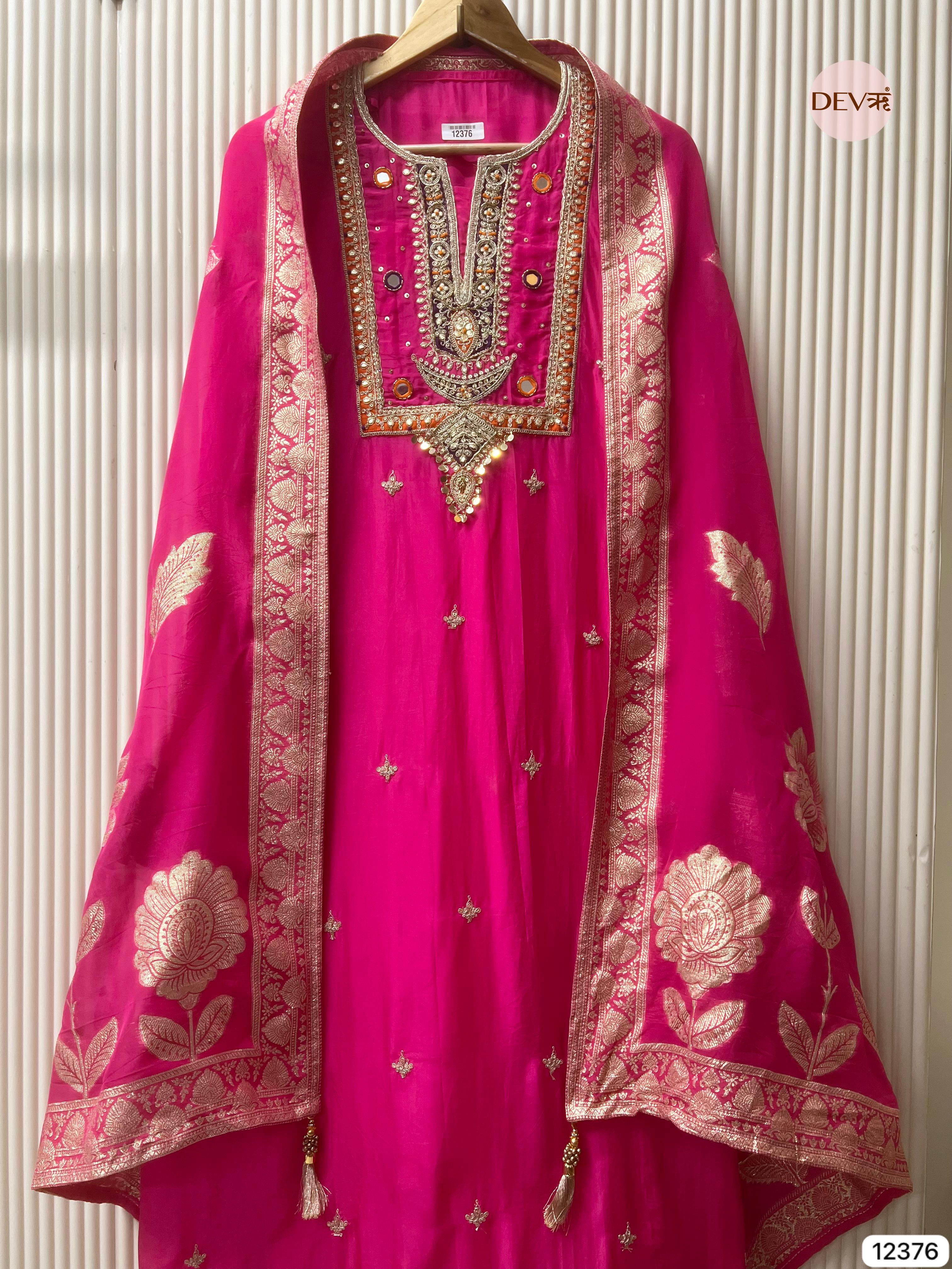 Rani Pink Organza Silk Embroidered Unstitched 3-Piece Suit (Devri – D.No 12376)