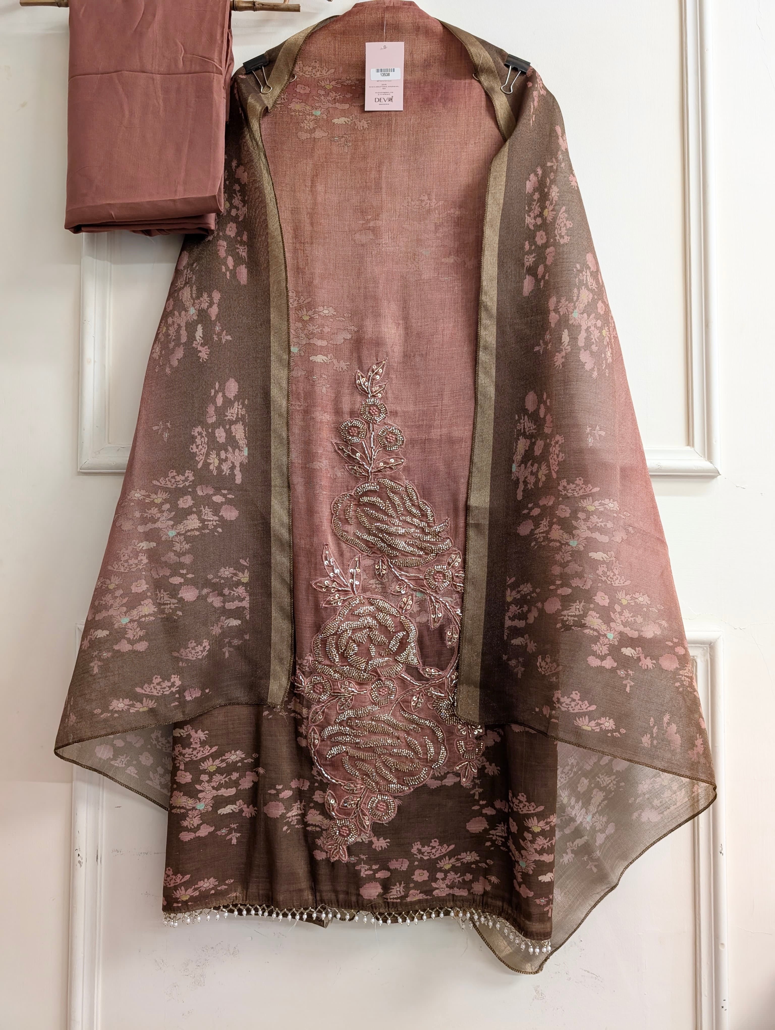 Brown Linen Cotton Printed Unstitched 3-Piece Suit (Devri – D.No 13538)