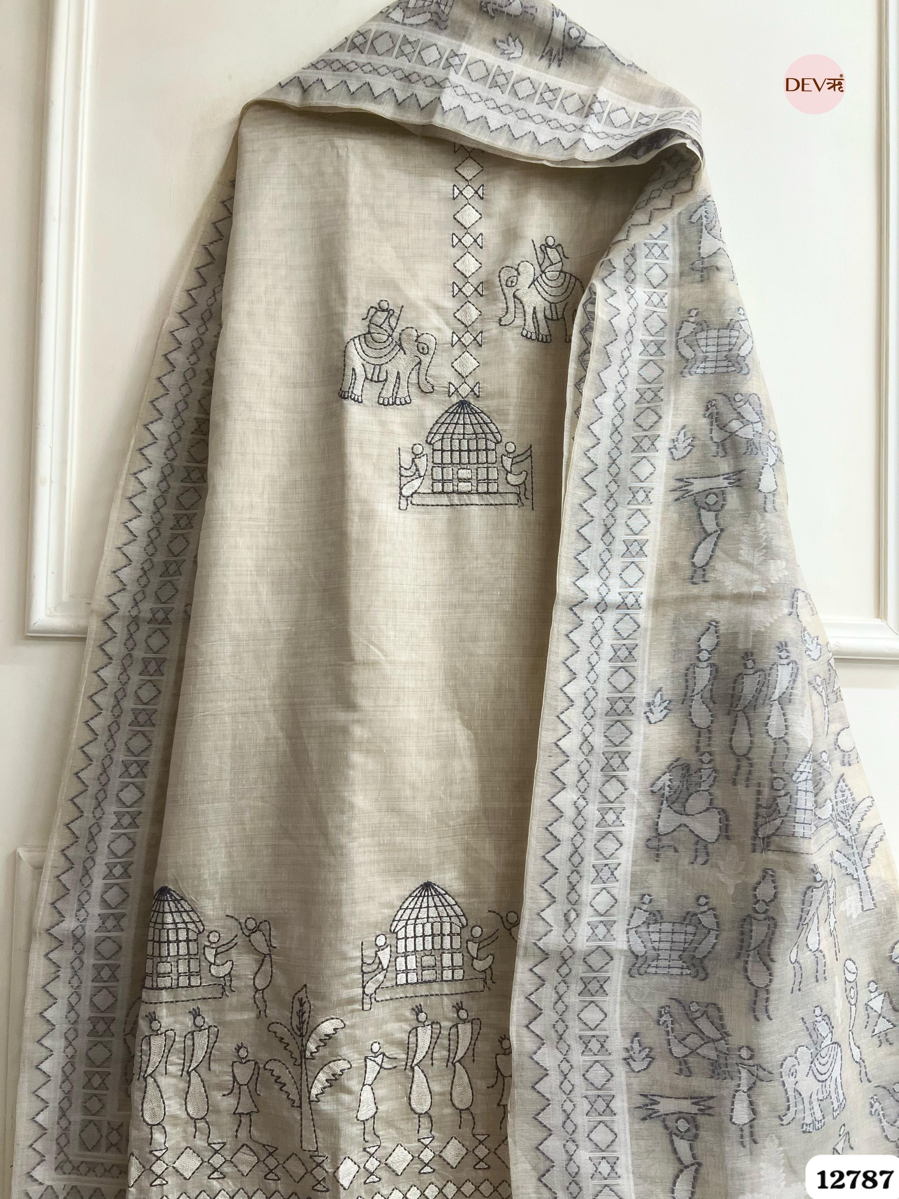 Beige Mul Chanderi Embroidered Unstitched 3-Piece Suit (Devri – D.No 12787)