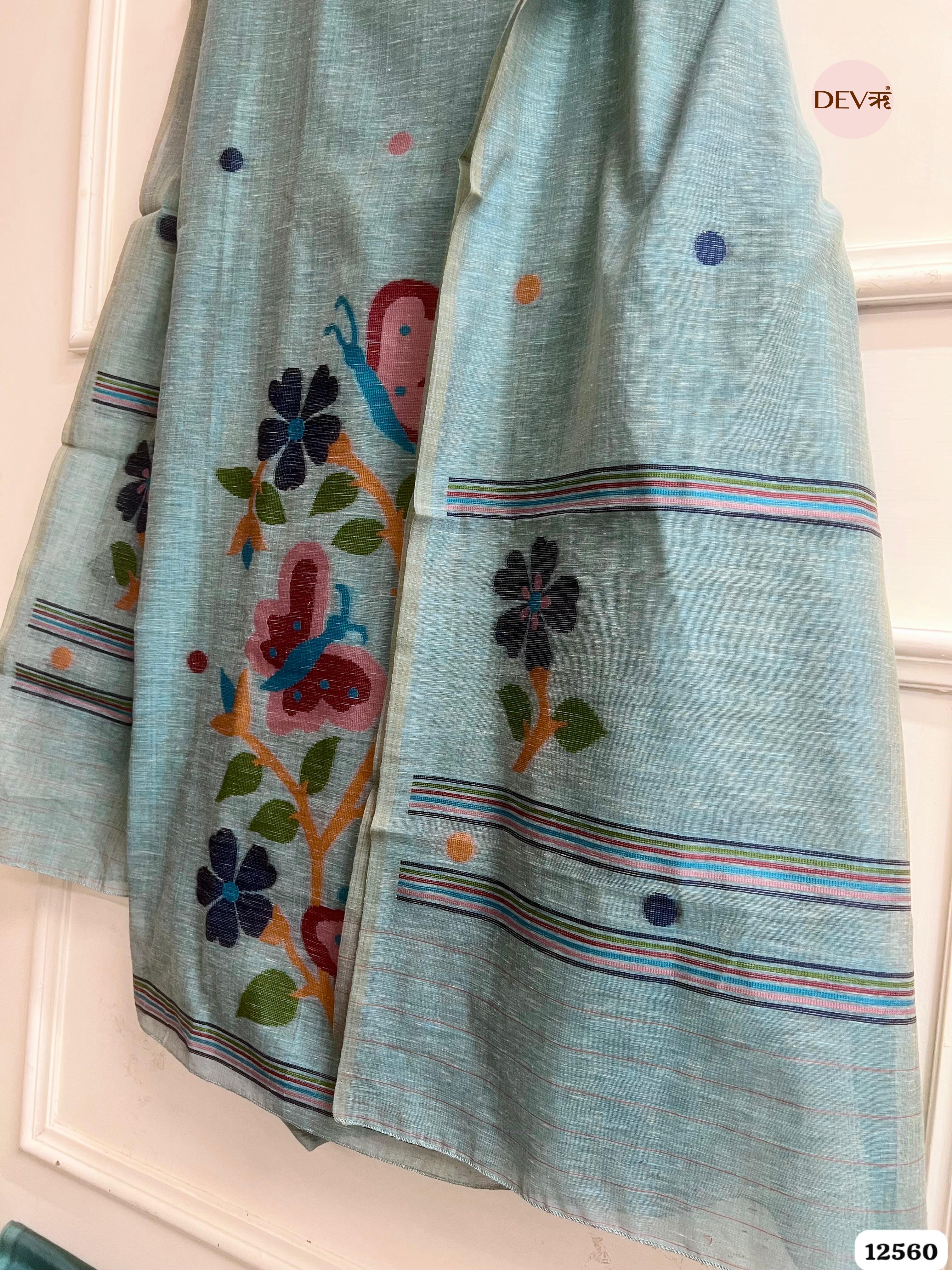 teal Linen Printed Unstitched 3-Piece Suit (Devri – D.No 12560)