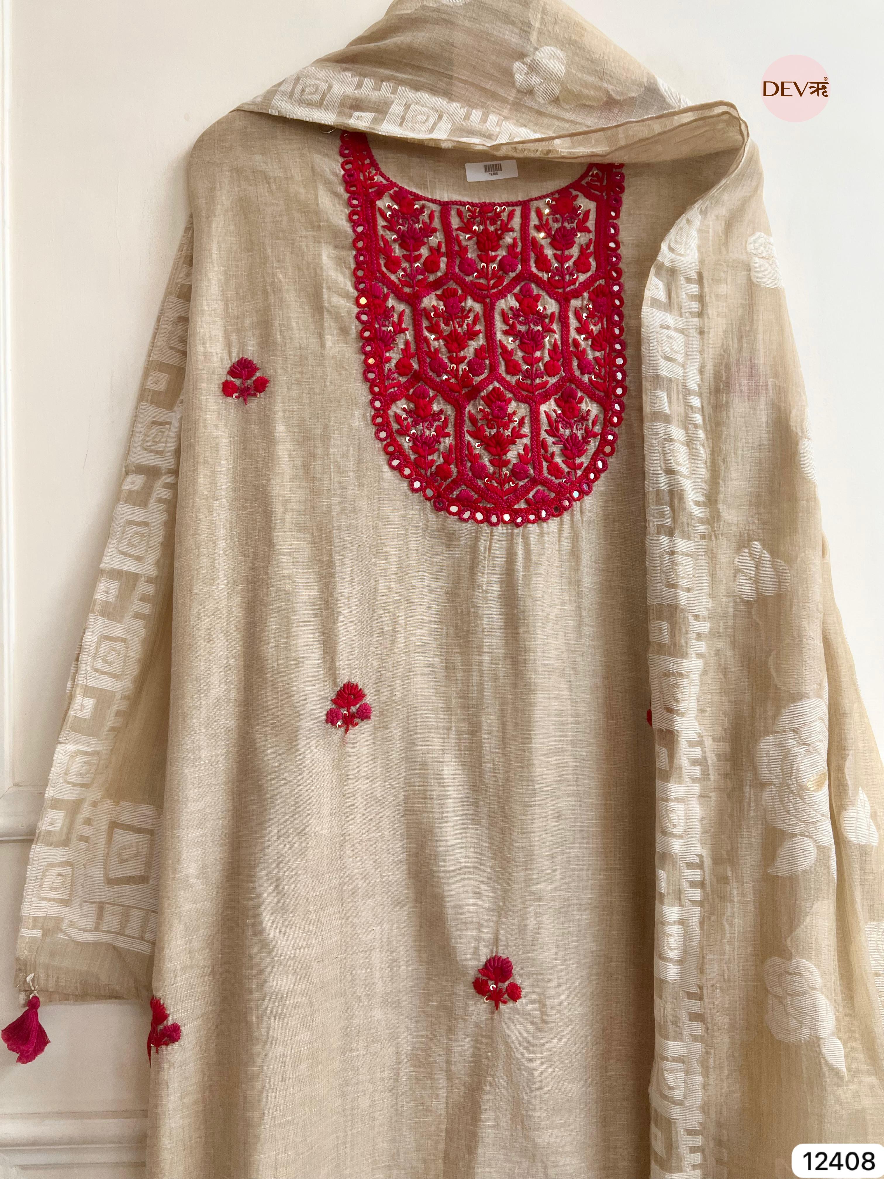Beige Mul Chanderi Embroidered Unstitched 3-Piece Suit (Devri – D.No 12408)