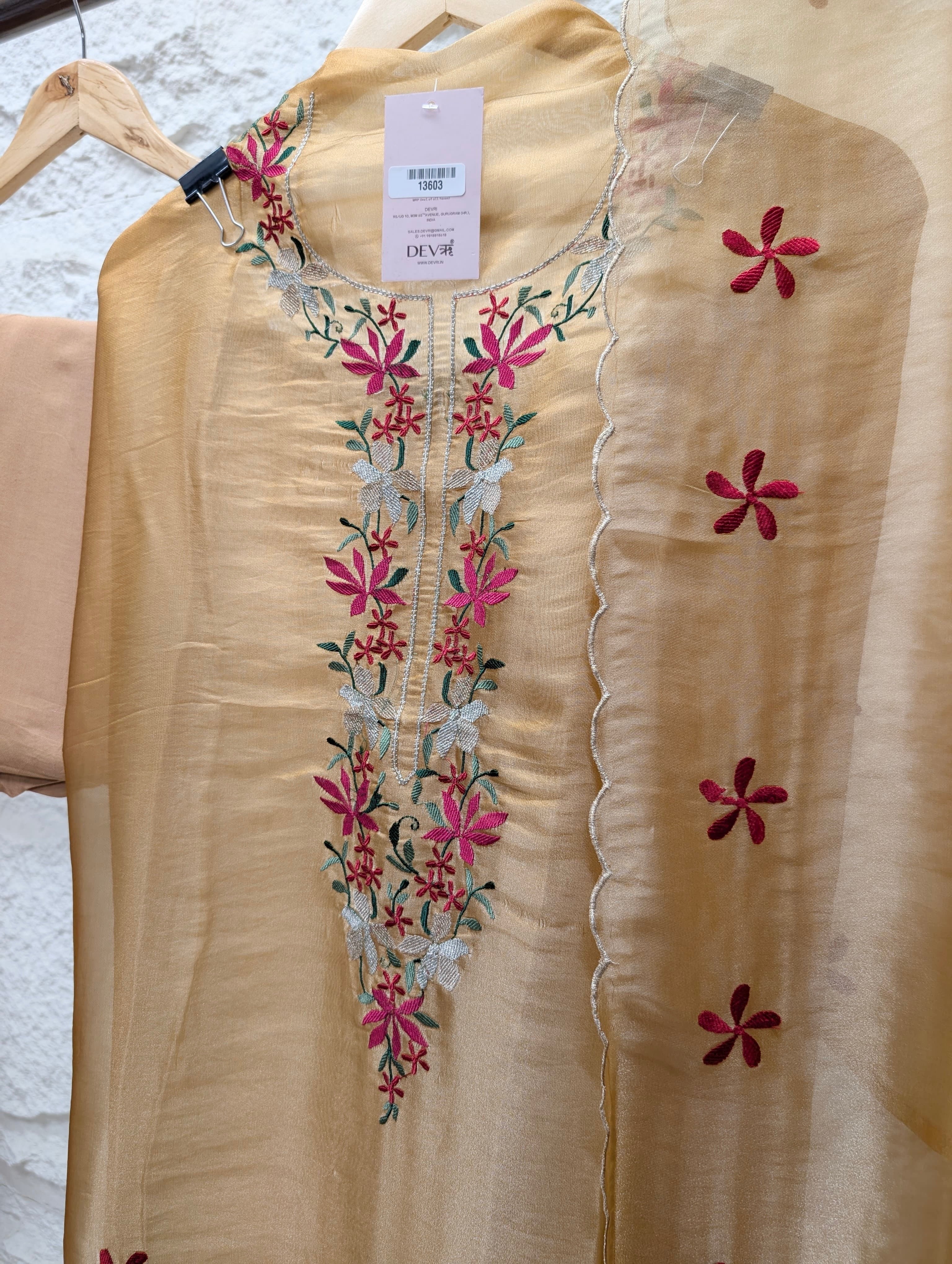 Beige Crush Tissue Silk Embroidered Unstitched 3-Piece Suit (Devri – D.No 13603)