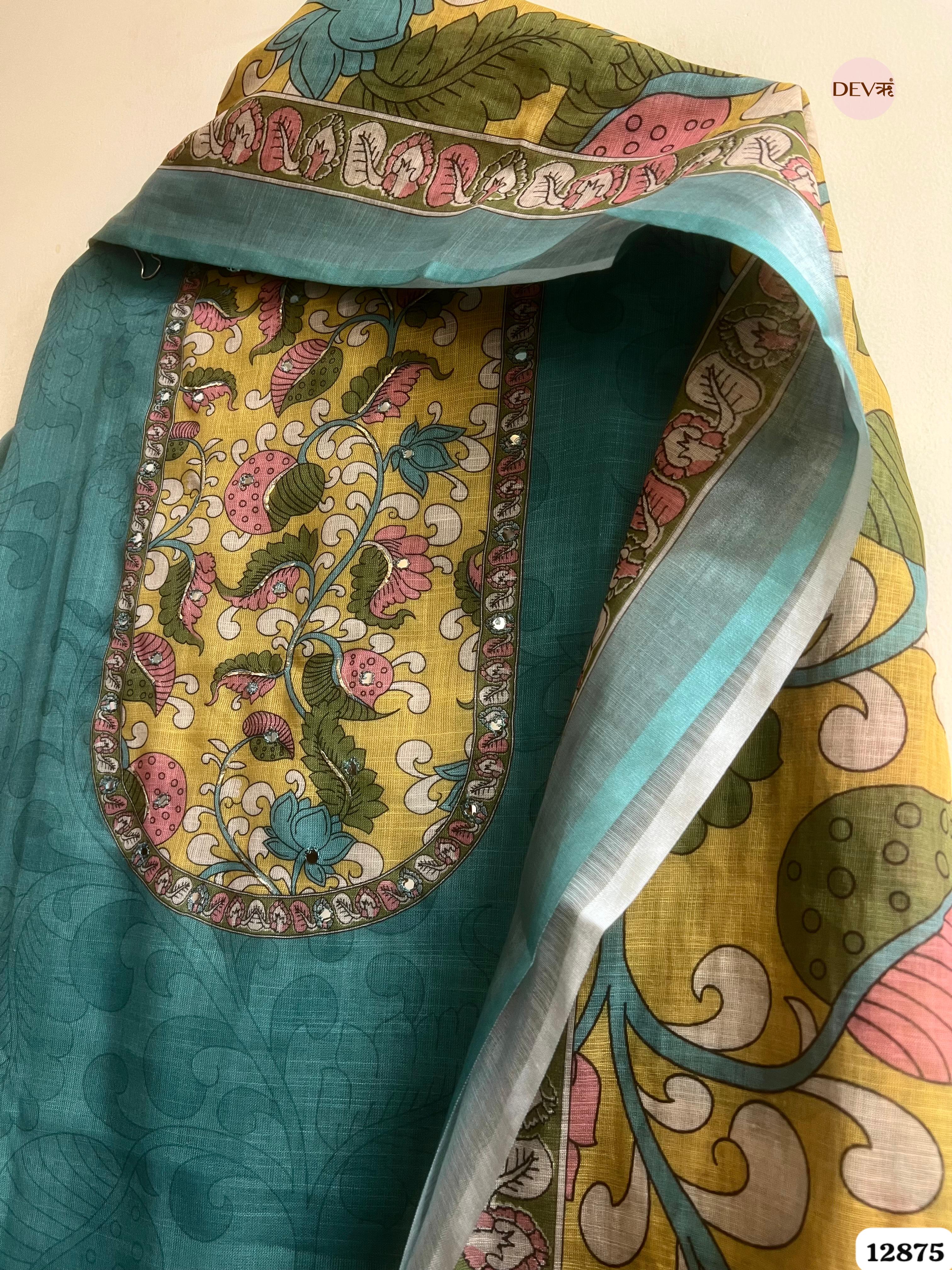 Teal Blue Linen Cotton Printed Unstitched 3-Piece Suit (Devri – D.No 12875)