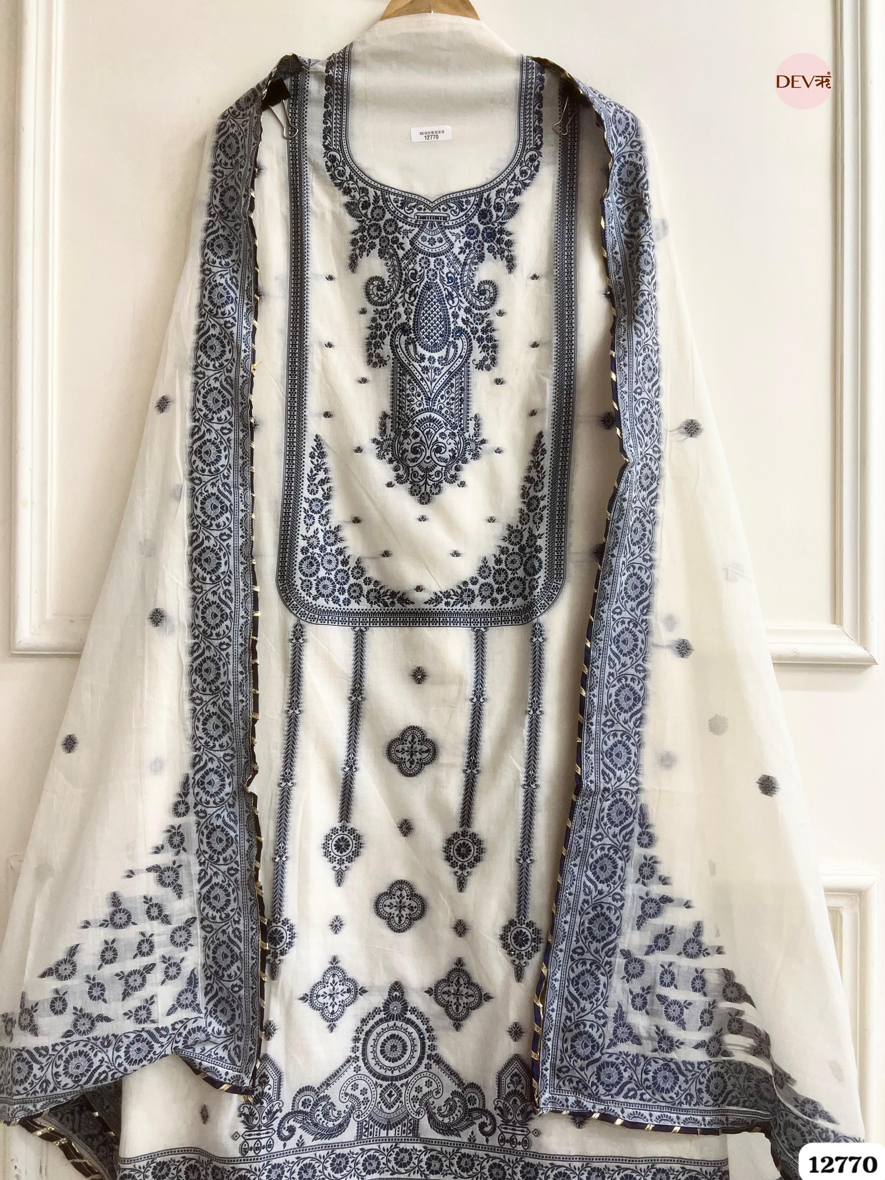 Off-White Jamdani Cotton Embroidered Unstitched 3-Piece Suit (Devri – D.No 12770)