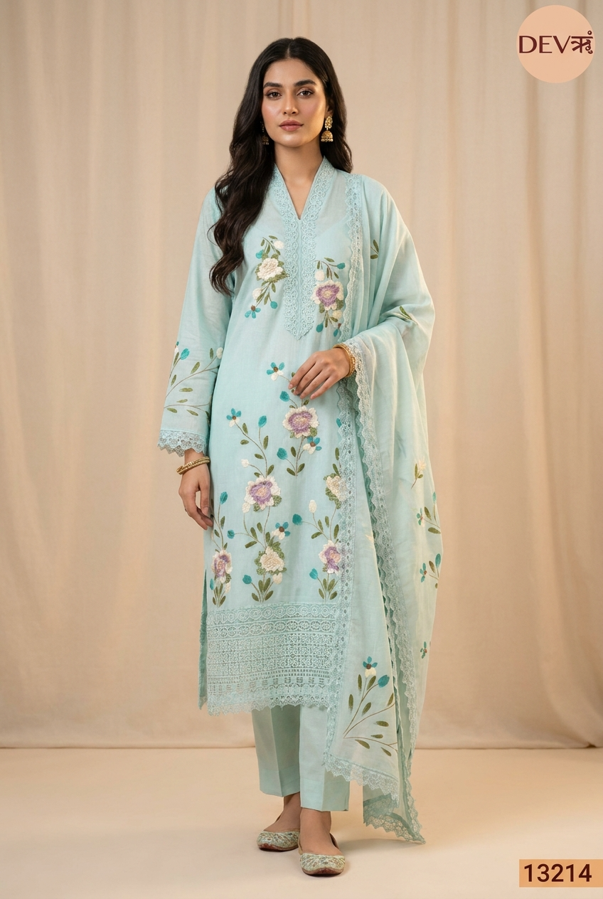 Blue Mul Chanderi Embroidered Unstitched 3-Piece Suit (Devri – D.No 13214)