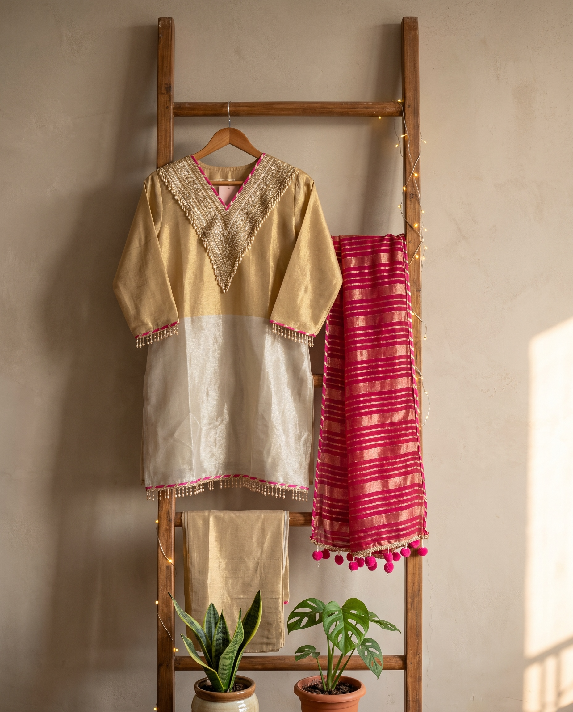 Zareen Tissue Silk Embroidered Gold 3-Piece Set (Devri – D.No 21048)