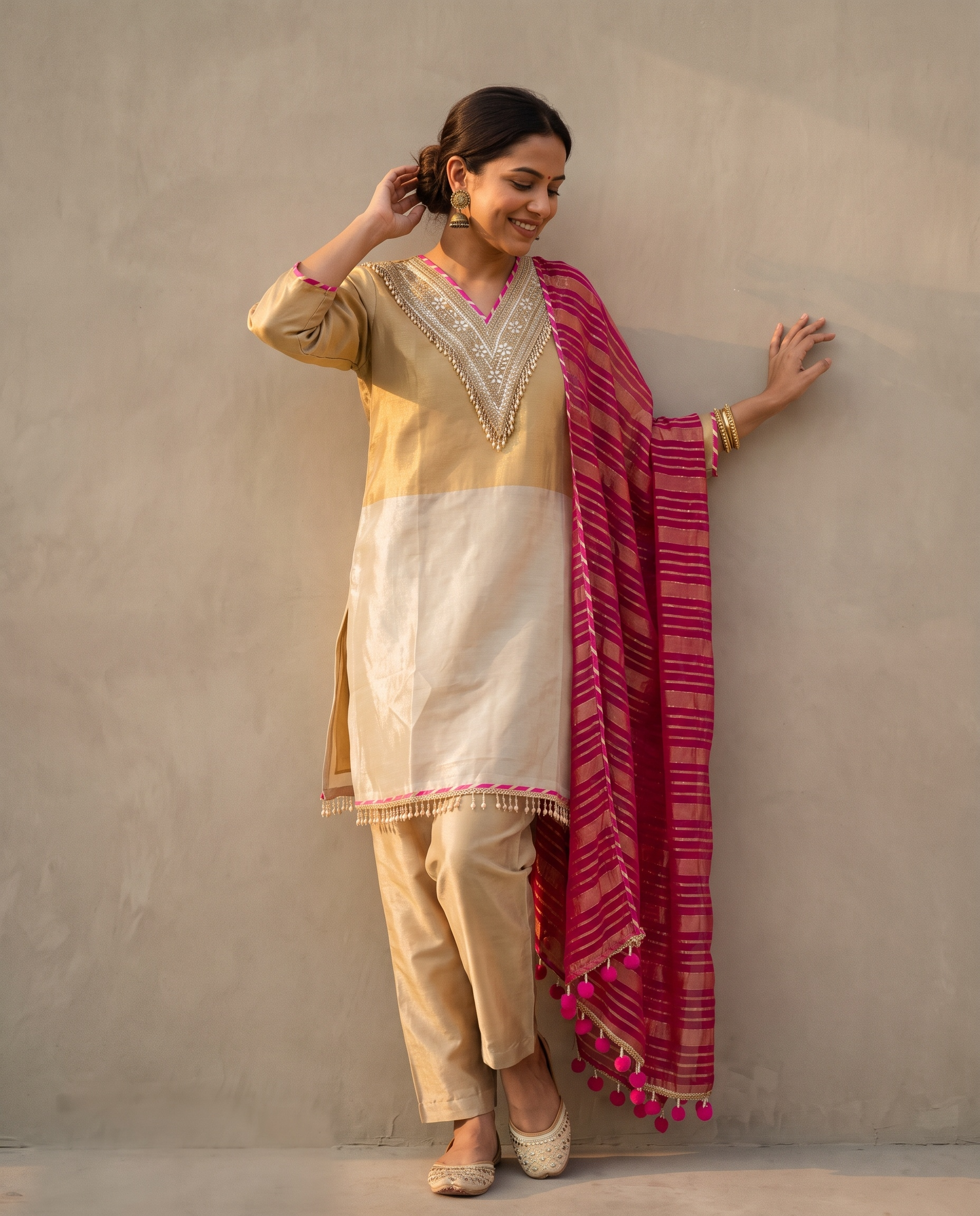 Zareen Tissue Silk Embroidered Gold 3-Piece Set (Devri – D.No 21048)