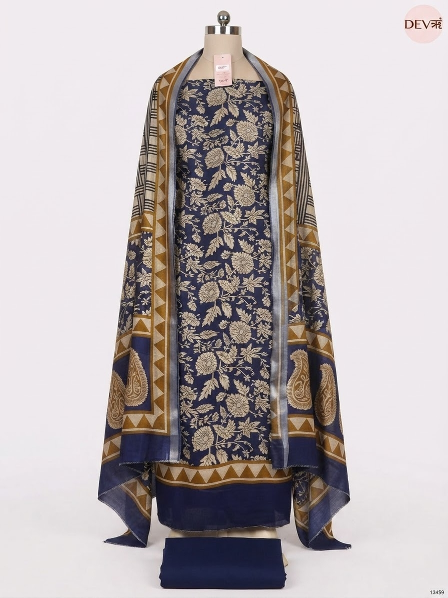 Navy Blue Maheshwari Silk Printed Unstitched 3-Piece Suit (Devri – D.No 13459)