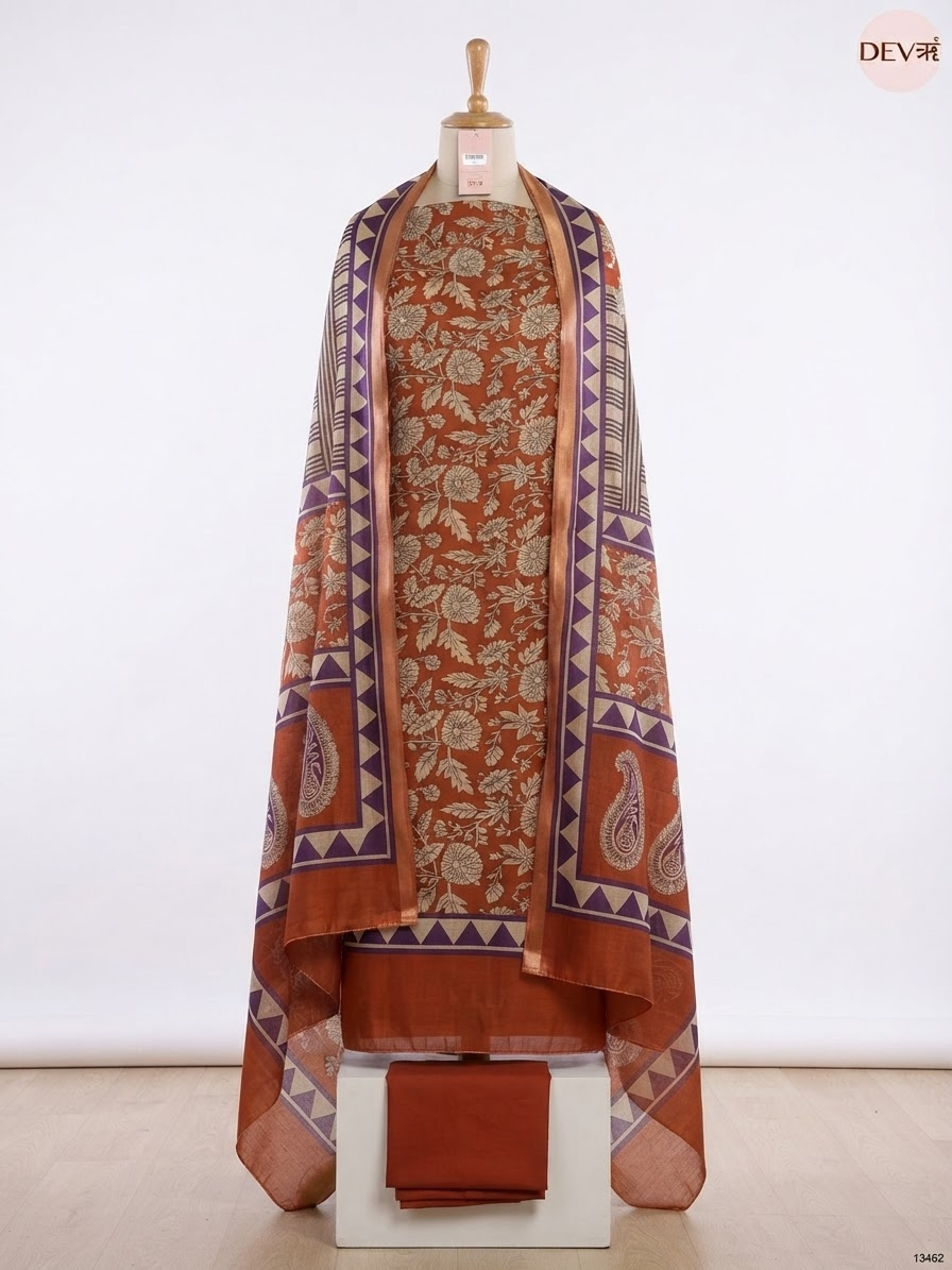 Rust Maheshwari Silk Printed Unstitched 3-Piece Suit (Devri – D.No 13462)