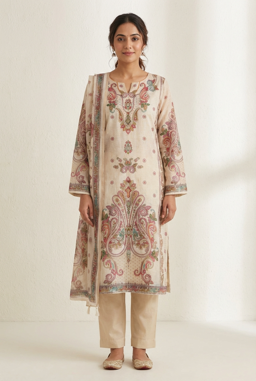 Cream Kota Printed Unstitched 3-Piece Suit (Devri – D.No 13042)