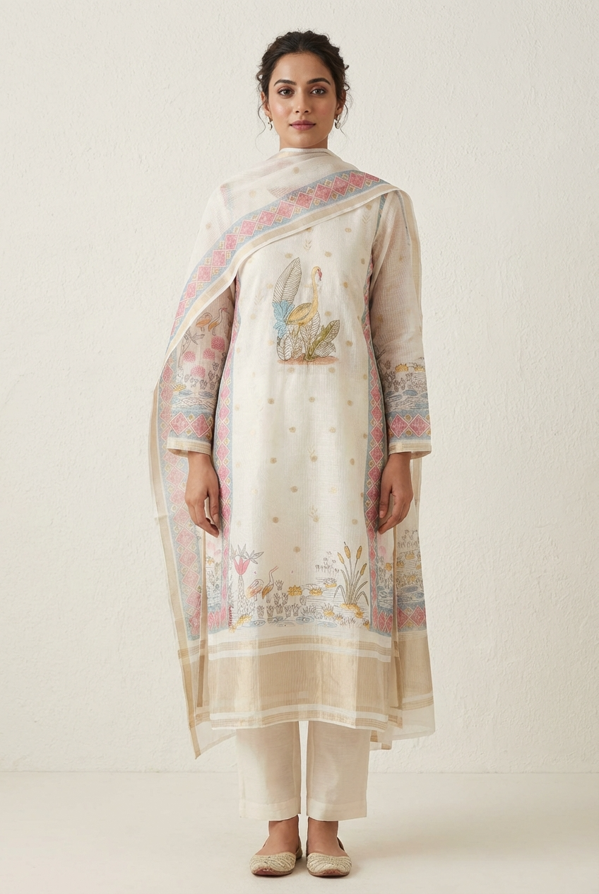 Off White Kota Printed Unstitched 3-Piece Suit (Devri – D.No 13081)