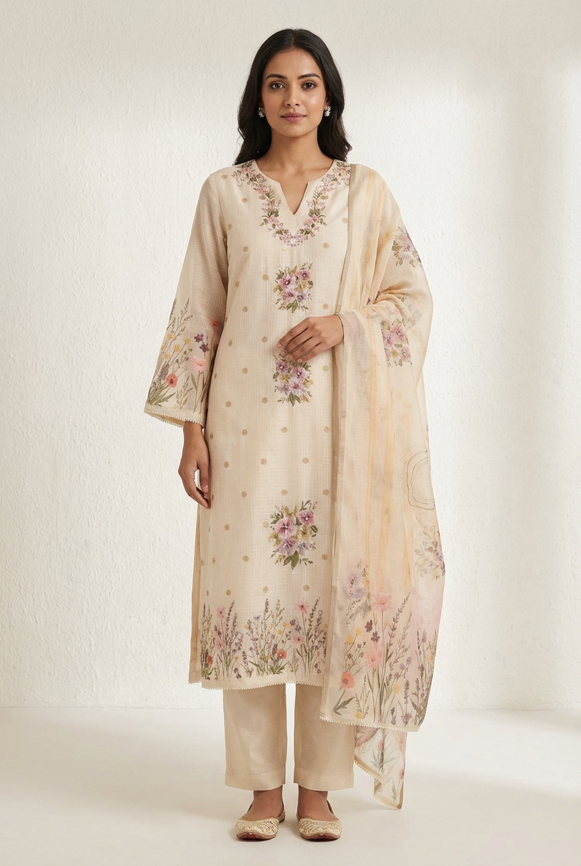 Cream Kota Printed Unstitched 3-Piece Suit (Devri – D.No 13148)