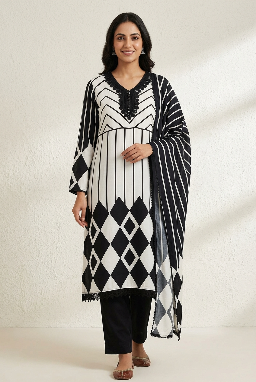White Muslin Printed Unstitched 3-Piece Suit (Devri – D.No 13158)