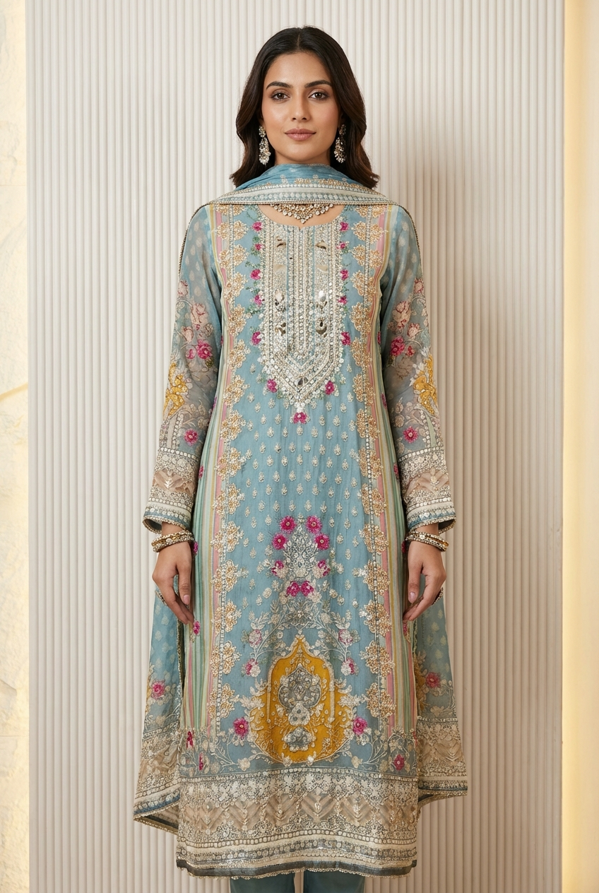 Blue Tissue Organza Printed Unstitched 3-Piece Suit (Devri – D.No 13164)