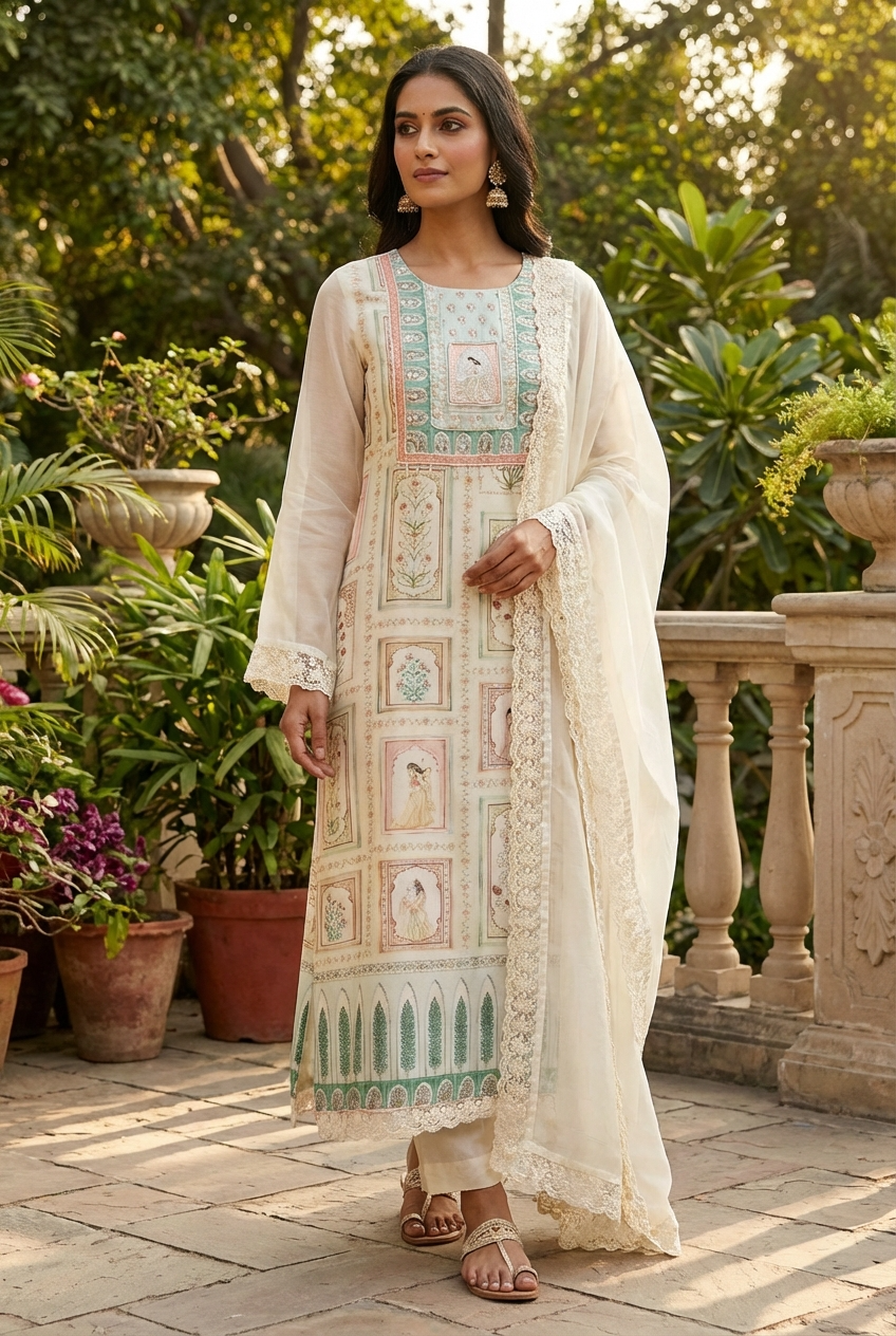 Cream Muslin Printed Unstitched 3-Piece Suit (Devri – D.No 13075)