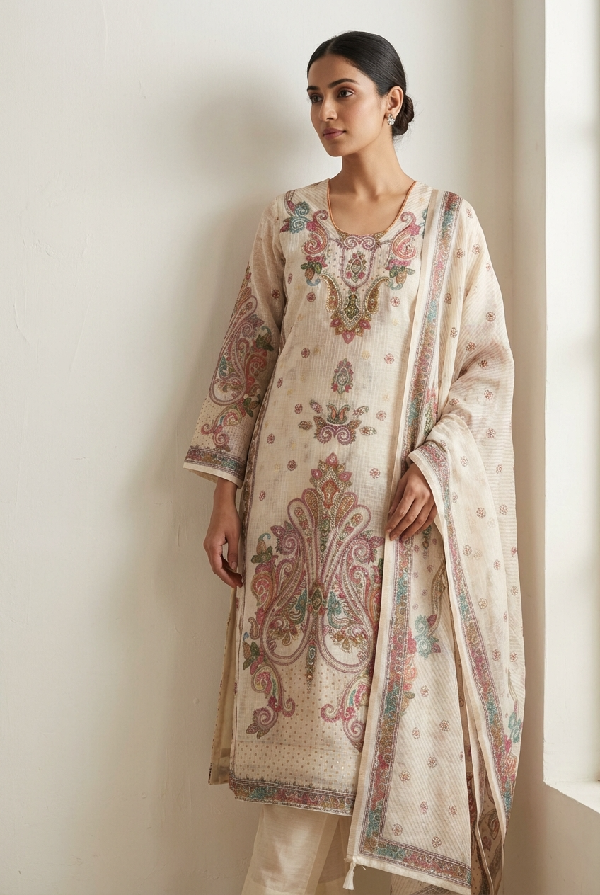 Cream Kota Printed Unstitched 3-Piece Suit (Devri – D.No 13042)