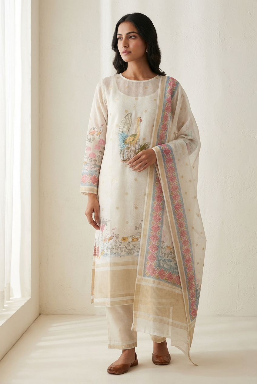 Off White Kota Printed Unstitched 3-Piece Suit (Devri – D.No 13081)