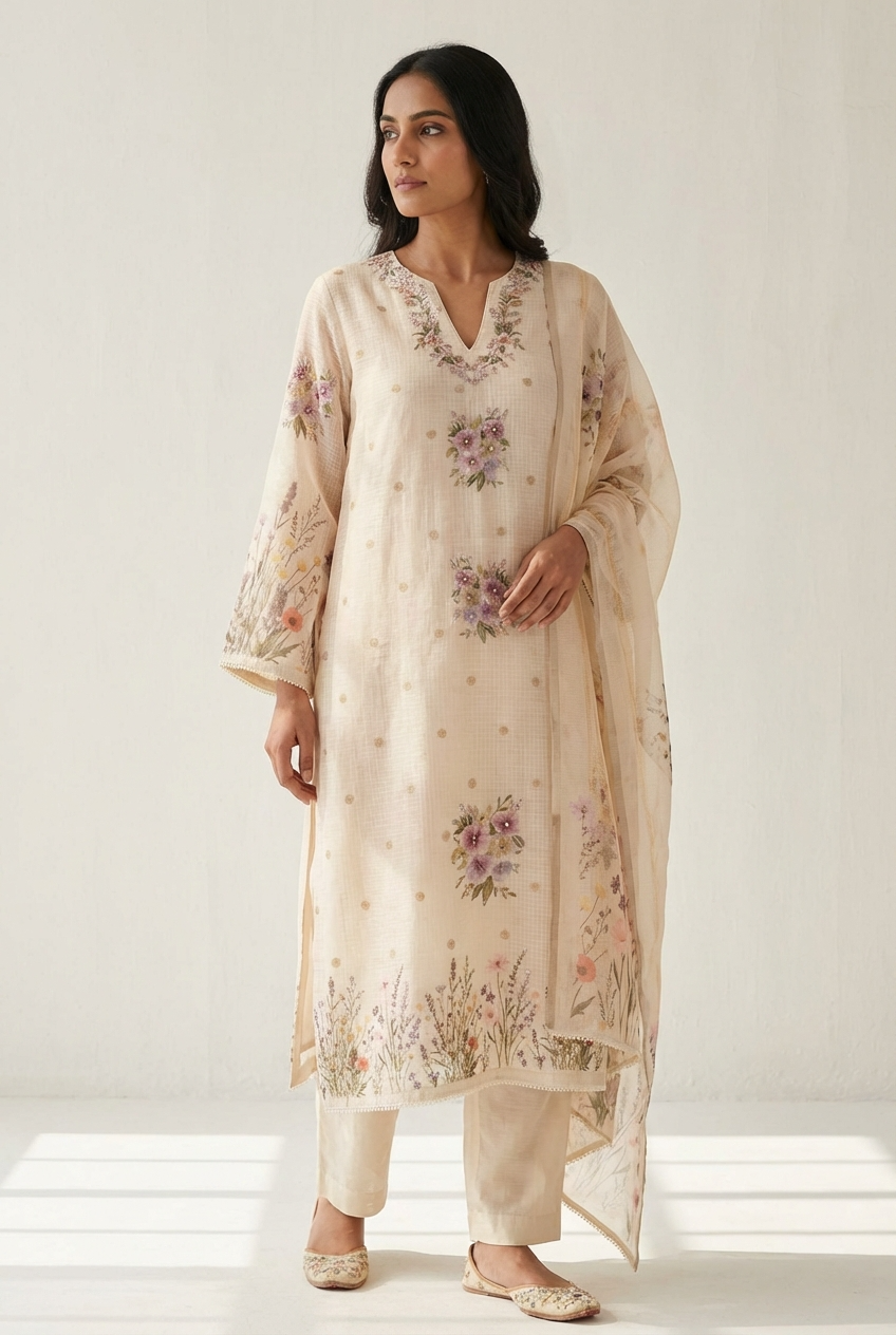 Cream Kota Printed Unstitched 3-Piece Suit (Devri – D.No 13148)