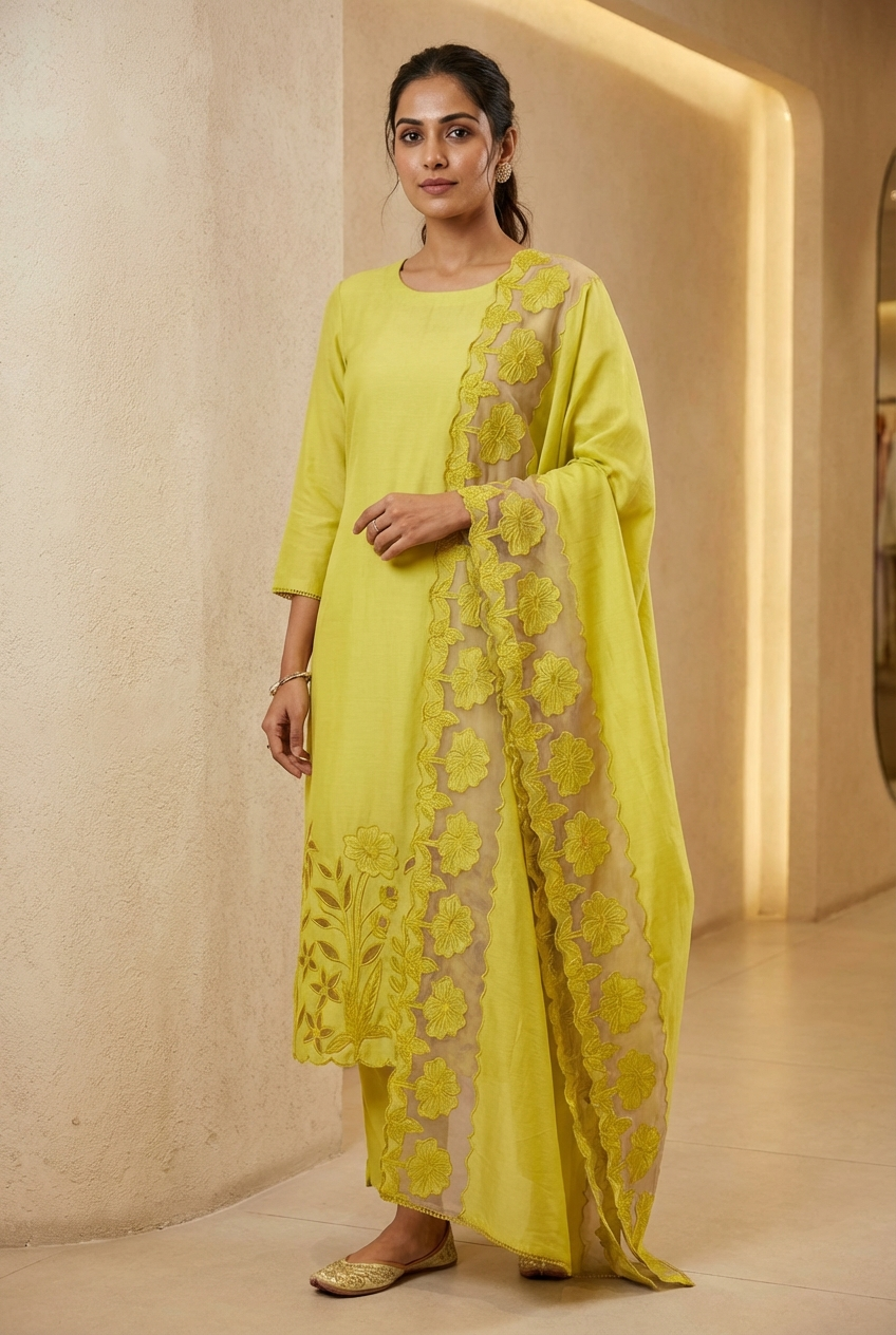 Yellow Roman Silk Embroidered Unstitched 3-Piece Suit (Devri – D.No 13023)