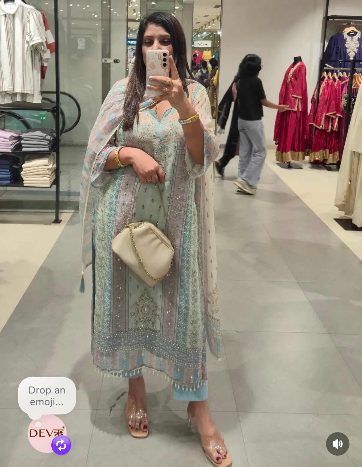 Blue Organza Printed Unstitched Mirror Beads -Set Of 3 {10933}