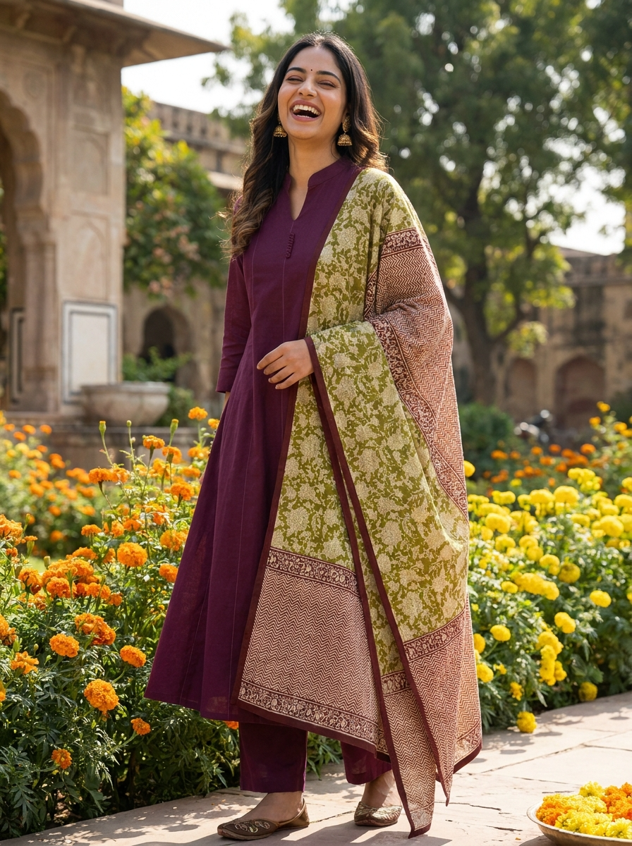 Gulnaar Pure Cotton Printed Wine 3-Piece Set (Devri – D.No 13393)