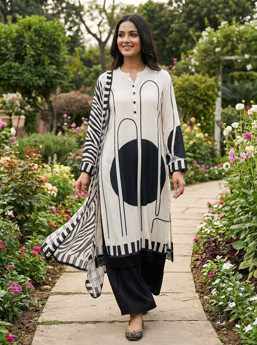 White Muslin Printed Unstitched 3-Piece Suit (Devri – D.No 13102)
