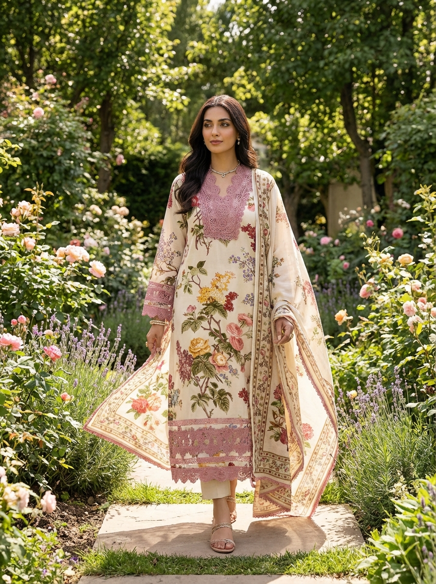 Ivory Cotton Printed Unstitched 3-Piece Suit (Devri – D.No. 20059)