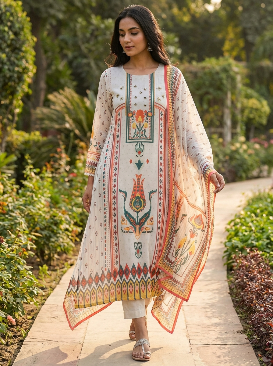 Off White Muslin Printed Unstitched 3-Piece Suit (Devri – D.No 12983)