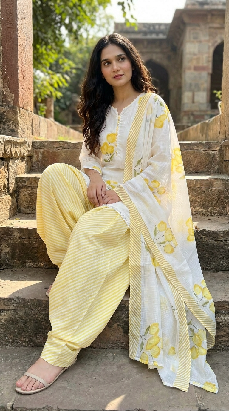 Gulnaar Pure Cotton Printed farsi salwar White 3-Piece Set (Devri – D.No 21057)