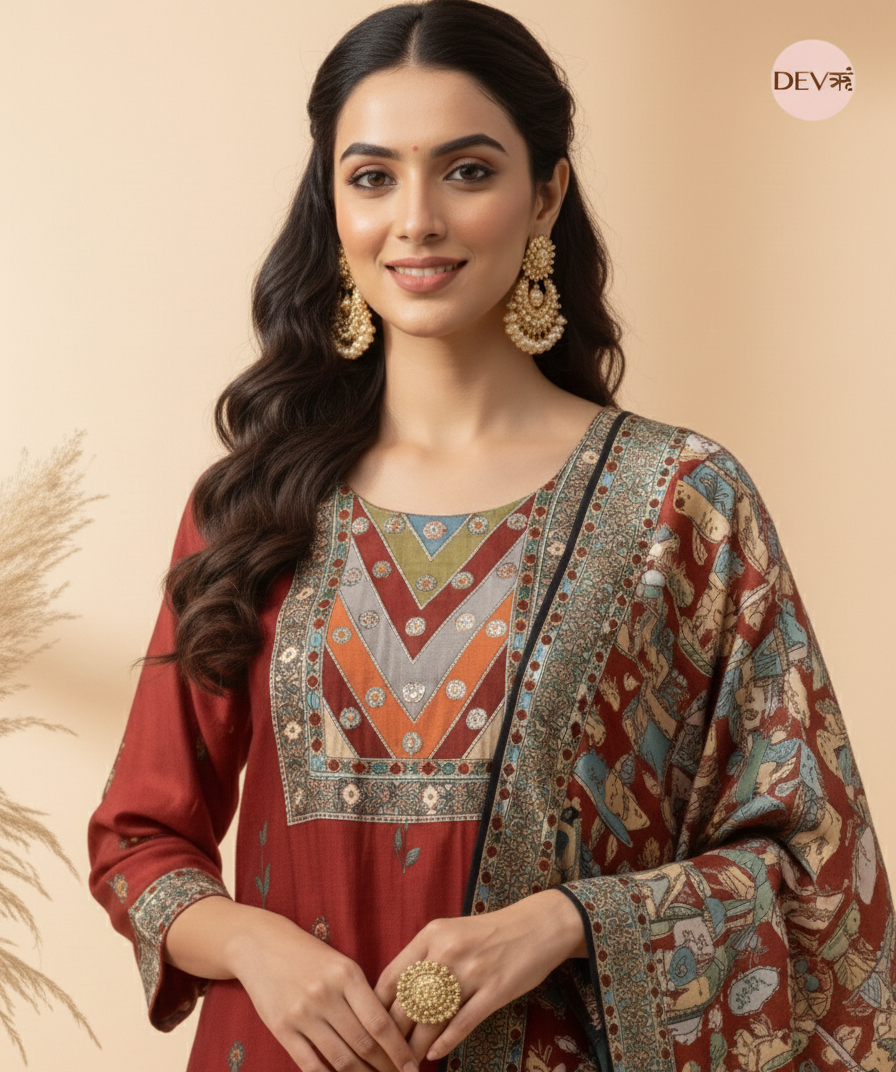 Gulnaar Russian Silk Printed Rust 3-Piece Set (Devri – D.No 2028)