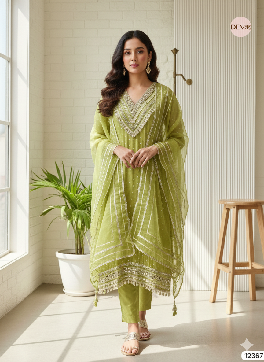 Olive Green Tissue Shimmer Embellished Unstitched 3-Piece Suit (Devri – D.No 12367)