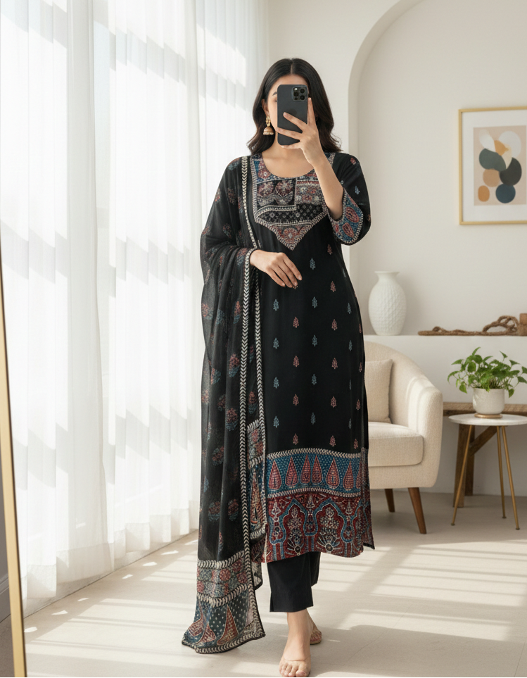 Noor Russian Silk Printed 3-Piece Set (Devri – D.No 2027)