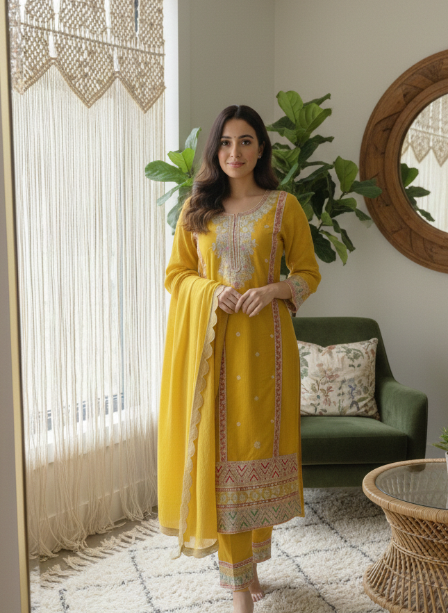 Yellow Silk Stiched Embroidered -Set Of 3 {1031}