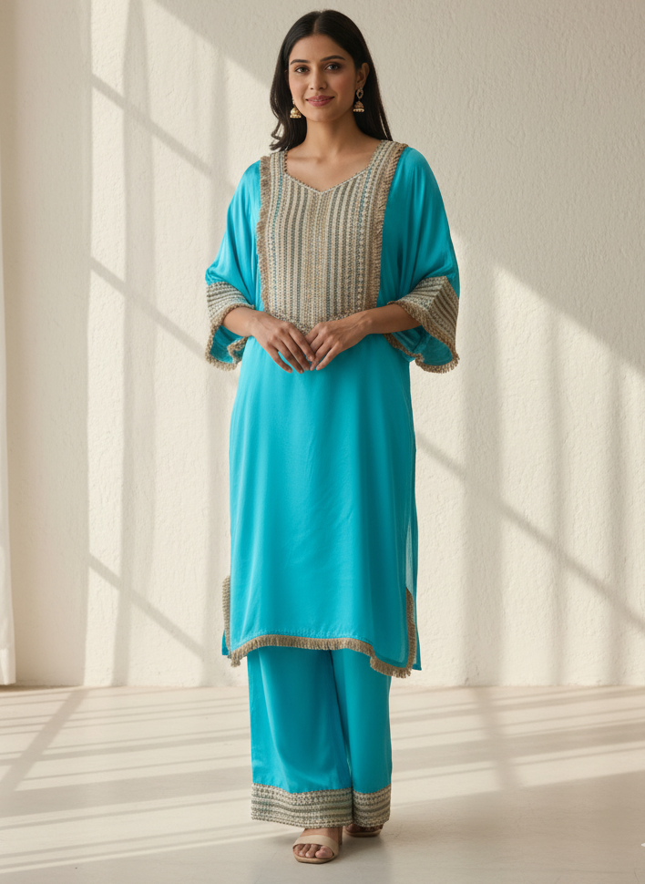 {7830} Blue Crepe Silk Stitched Embroidered -Set Of 2