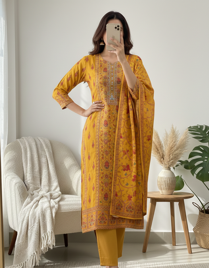 Suhani Pure Modal Silk Printed Yellow 3-Piece Set (Devri – D.No 1040)