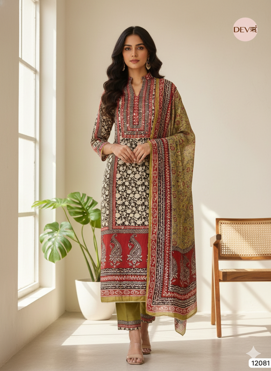 Multi colour Pure Muslin Unstitched Printed Embroidered -Set Of 3- {12081}