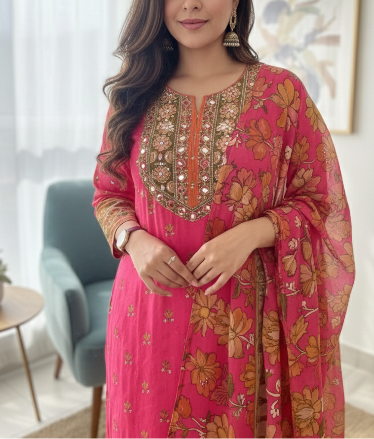 Gulabi Bloom Russian Silk Printed 3-Piece Set (Devri – D.No 2031)